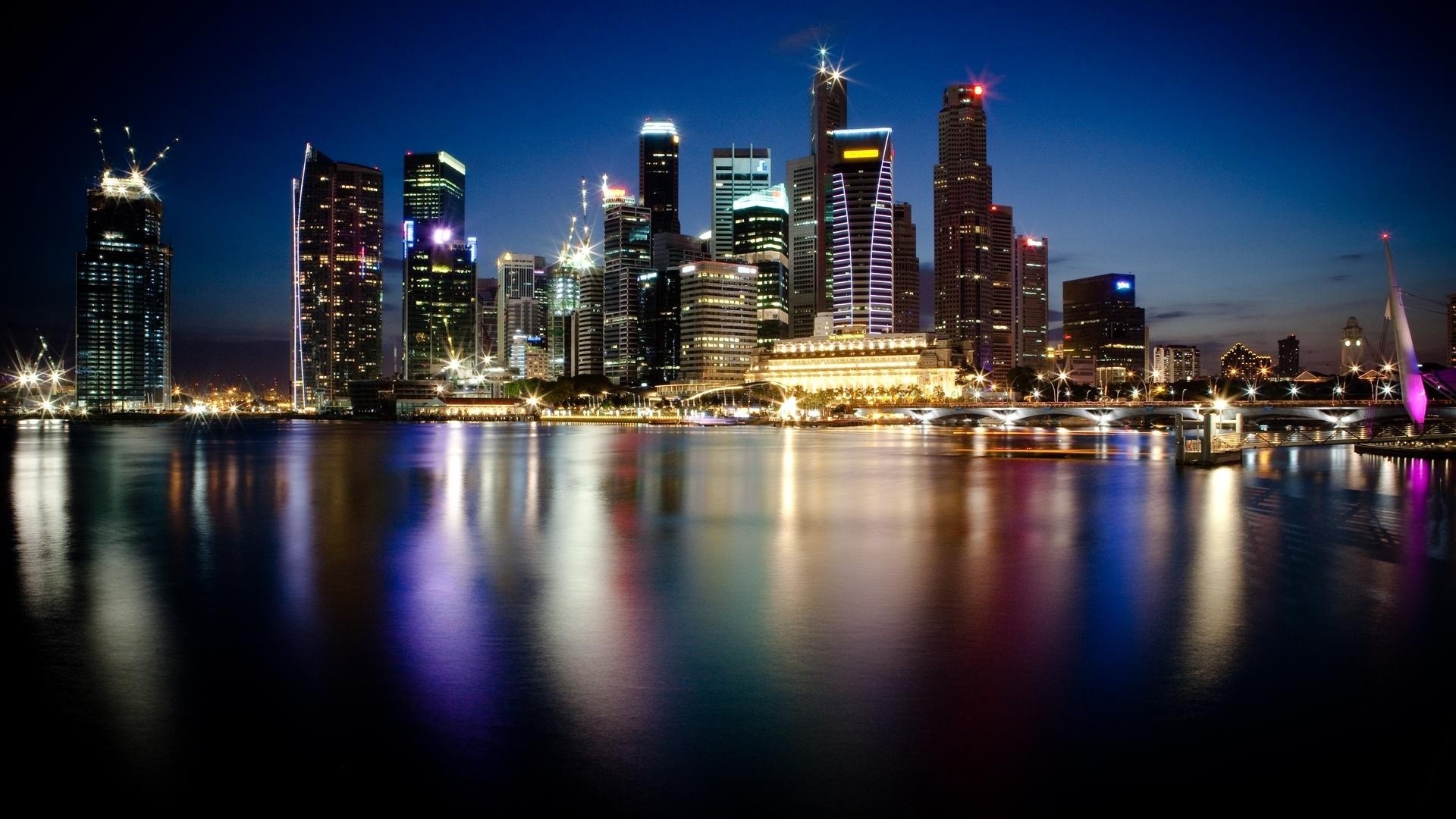 Singapore, Skyline, Notte, Riflesso, Full HD 1080p, sfondo desktop