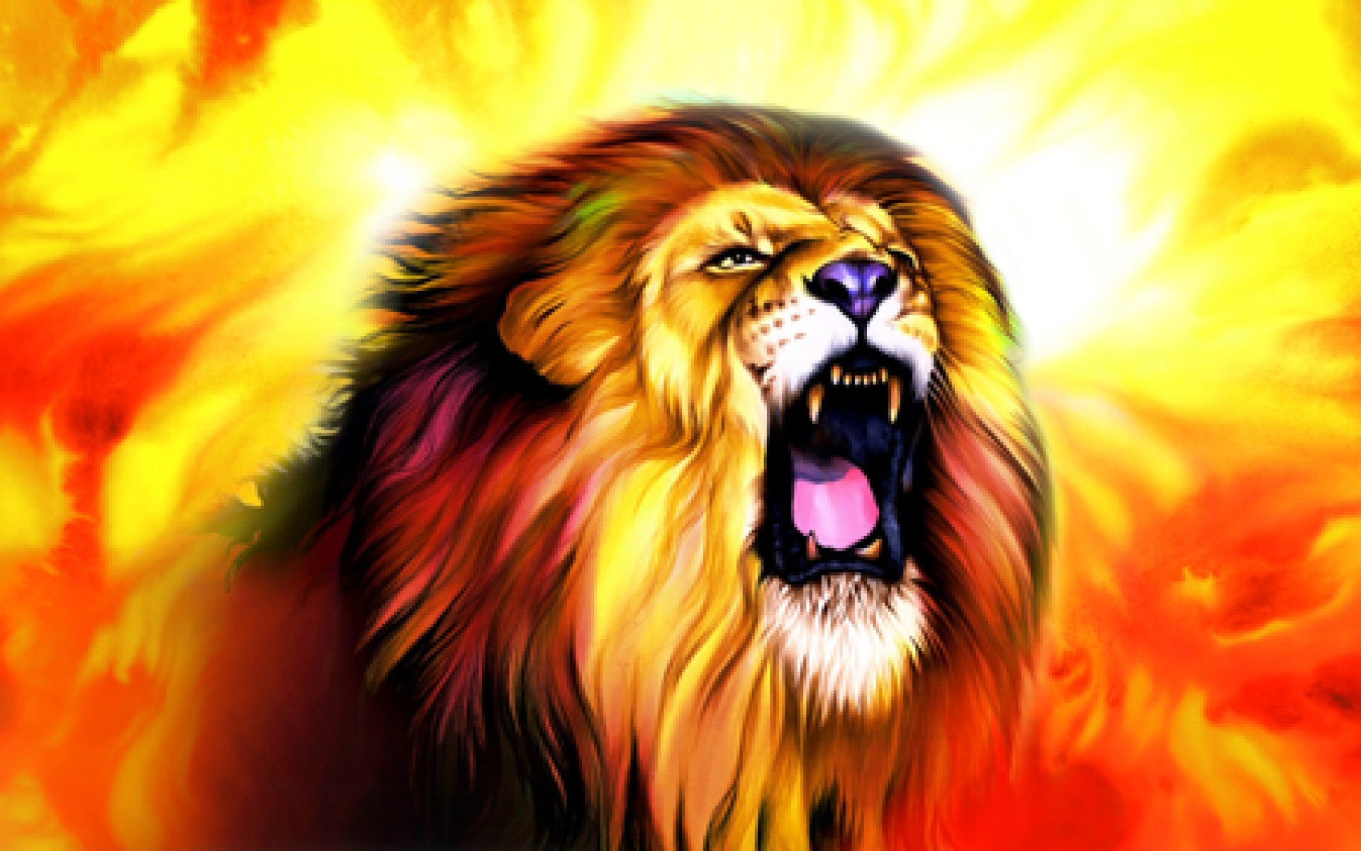 Leone, Ruggito, Arte digitale, Fiamme, Full HD, sfondo desktop