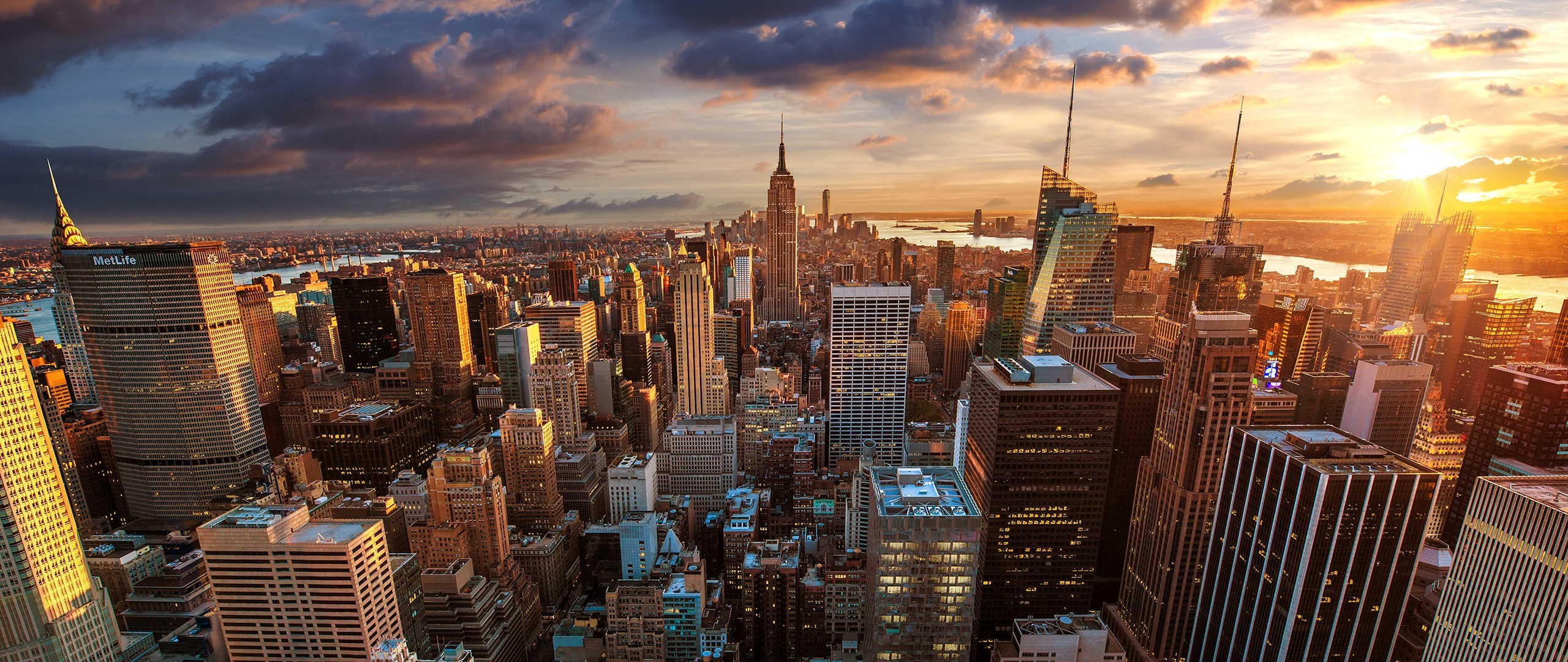 Manhattan, Empire State Building, New York, Tramonto, 2560x1080, immagine di sfondo