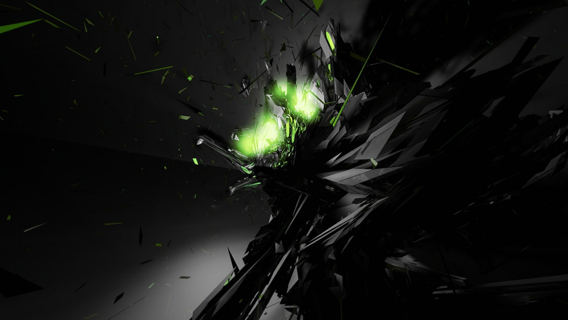Frammenti, Luce verde, Sfondo nero, Astratto, 16:9 Full HD, wallpaper widescreen