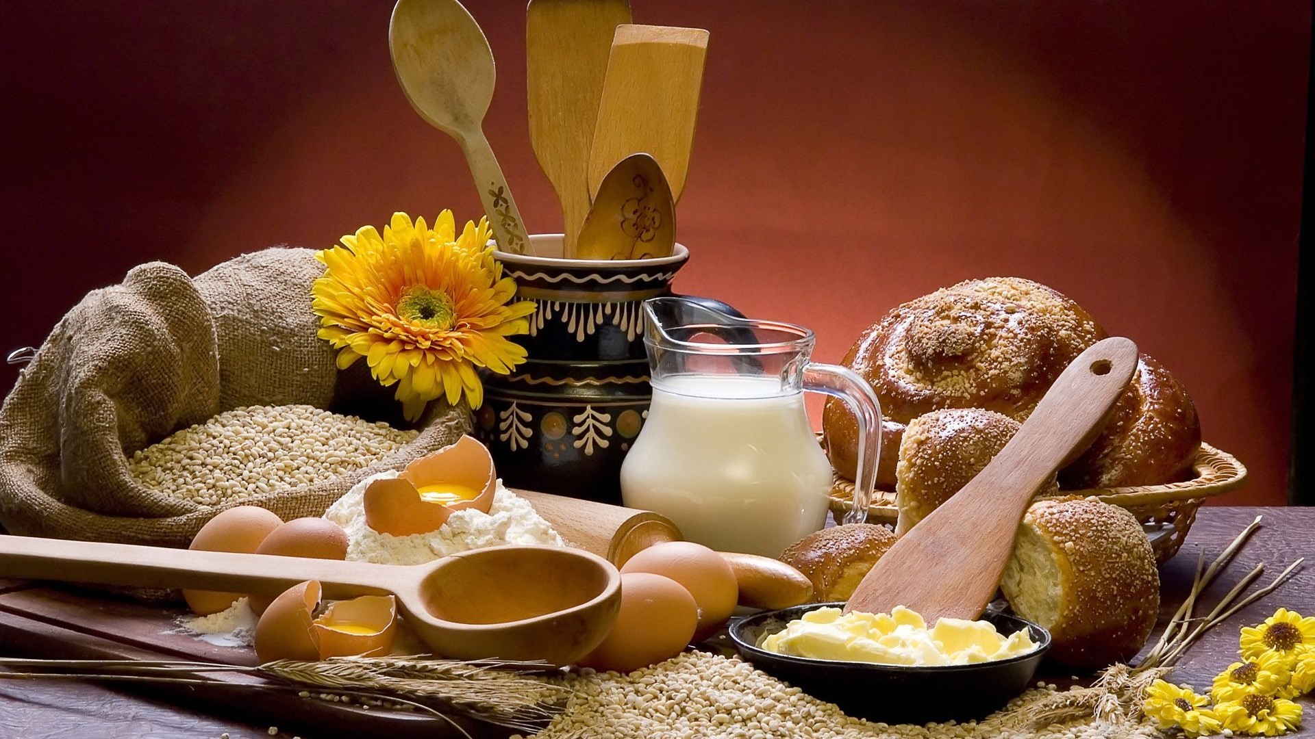 Pane, Uova, Latte, Farina, Girasole, 1920x1080, immagine di sfondo