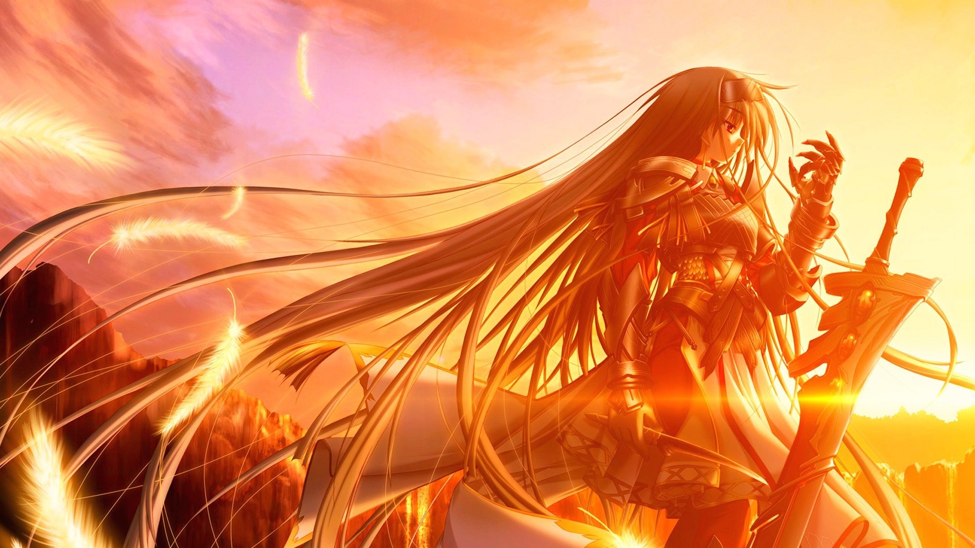 Ragazza anime, Spada, Tramonto, Arancione, Full HD, sfondo per portatile