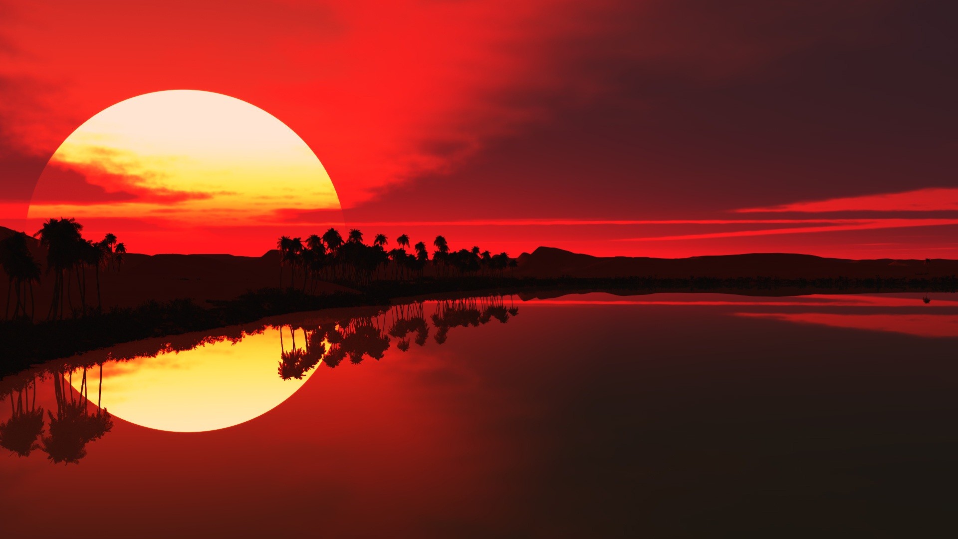 Sole, Palme, Riflesso, Tramonto, Rosso, Full HD 1080p, sfondo desktop
