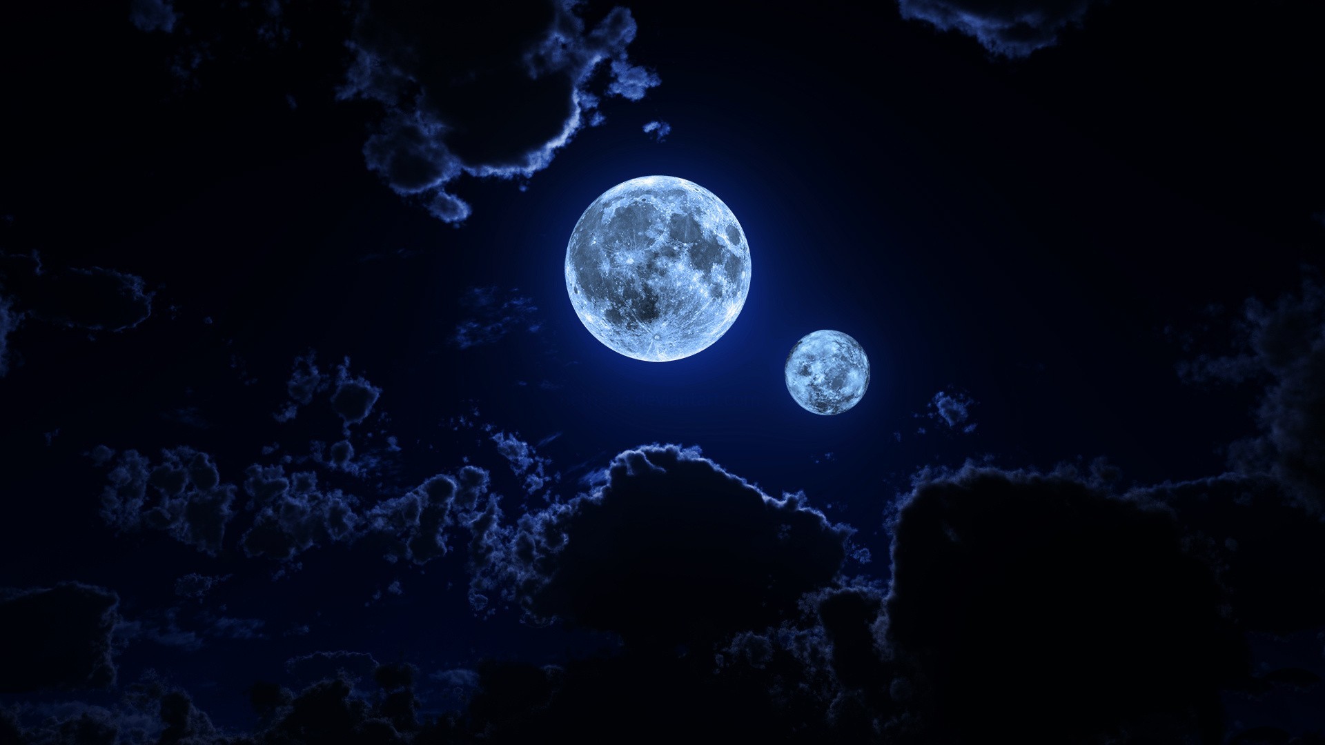 Due lune, Nuvole, Notte, Blu, 1920x1080, sfondo per PC