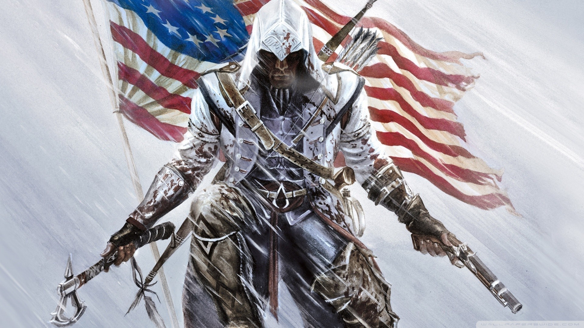 Connor Kenway, Assassin's Creed III, Bandiera americana, Tomahawk, sfondo widescreen Full HD
