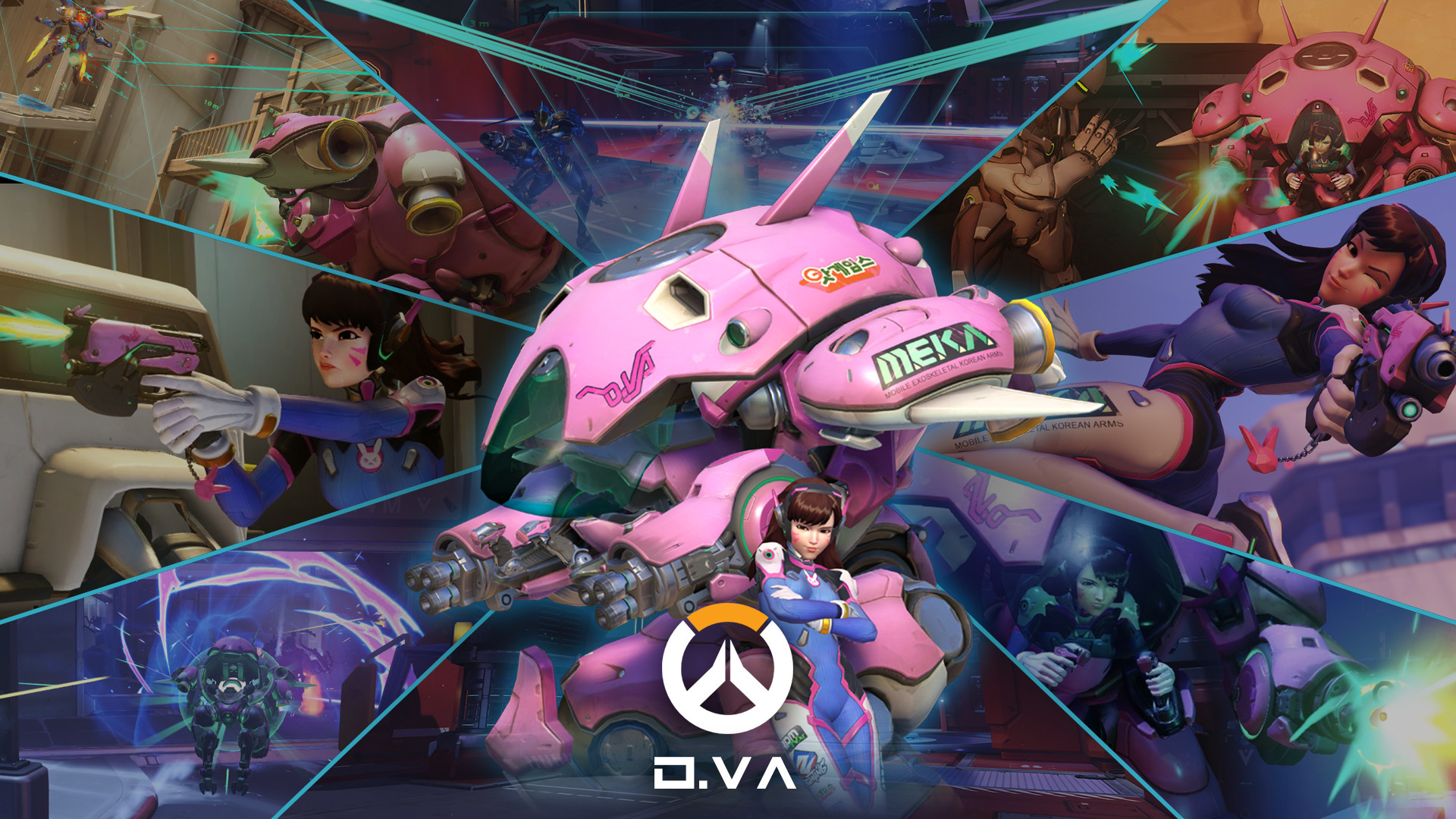 D.Va, Overwatch, MEKA, Collage, Logo, 16:9 Full HD, sfondo widescreen