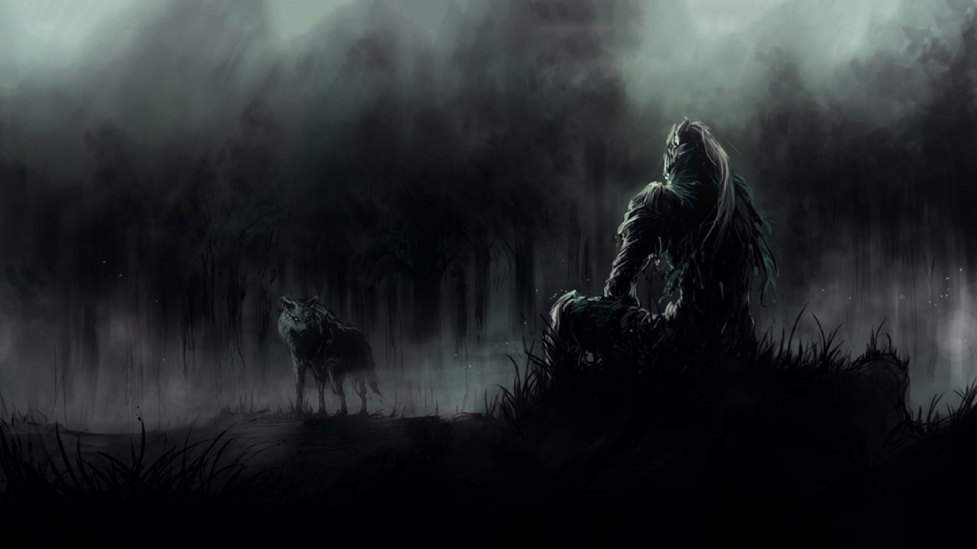Foresta oscura, Creatura, Nebbia, Fantasy oscuro, 16:9 Full HD, sfondo widescreen