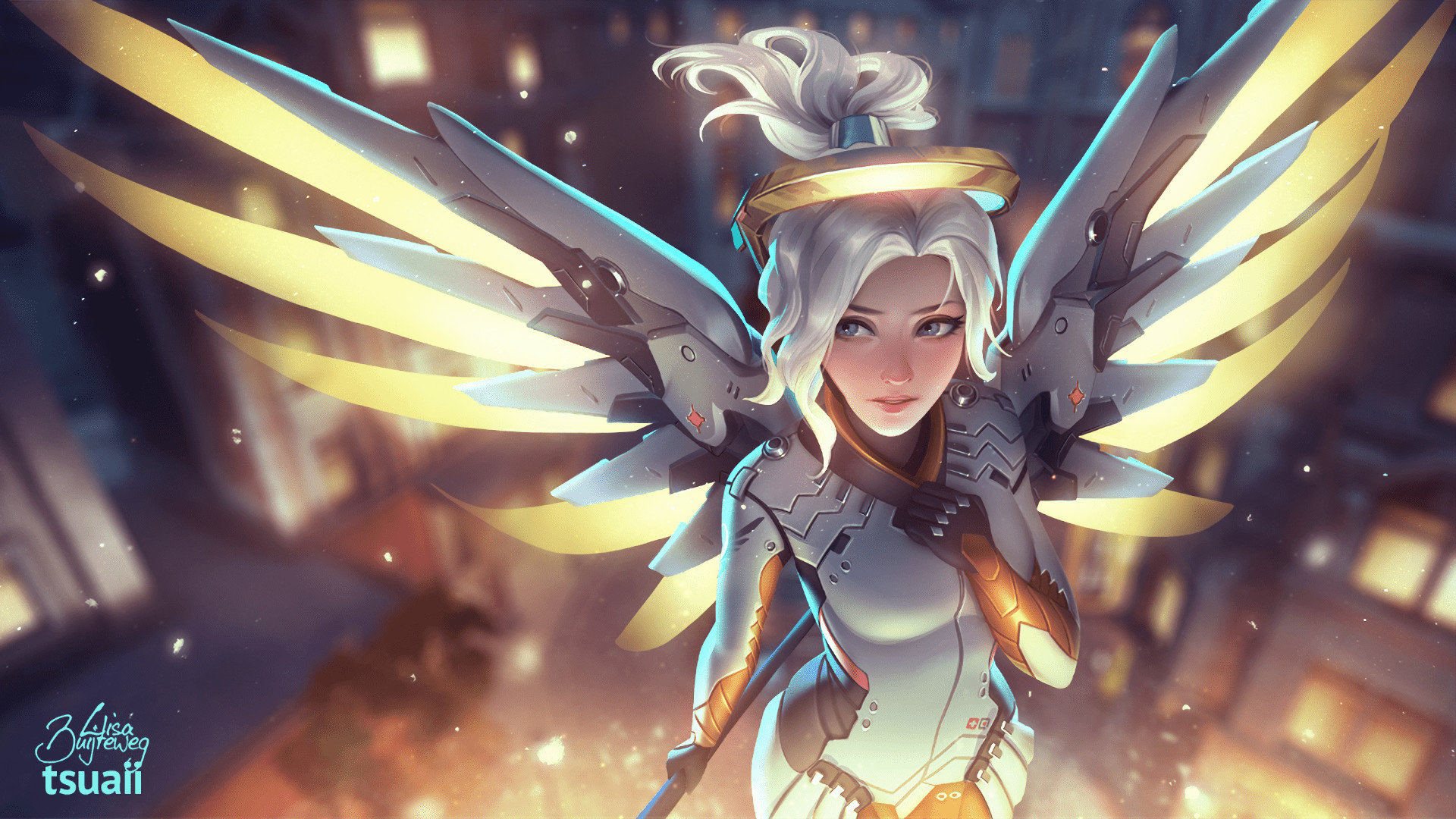 Mercy, Overwatch, Ali dorate, Fan art, 1920x1080, sfondo per PC
