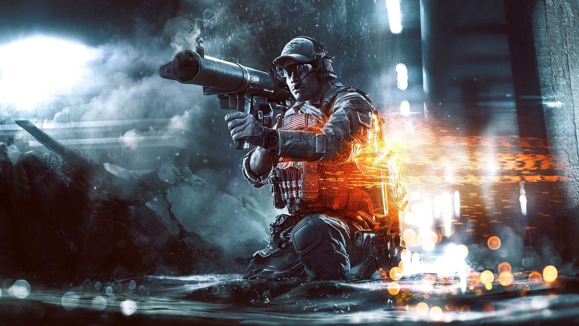 Battlefield 4, Soldato, Lanciarazzi, Pioggia, Notte, Full HD, sfondo per portatile