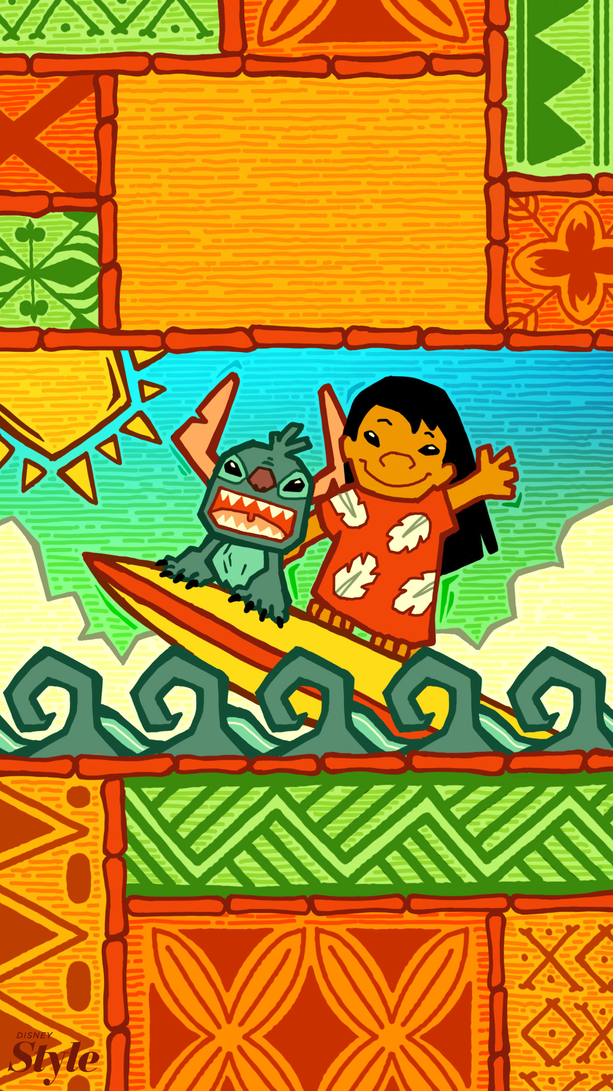 Lilo, Stitch, Lilo & Stitch, Disney, Surf, Motivo hawaiano, wallpaper iPhone