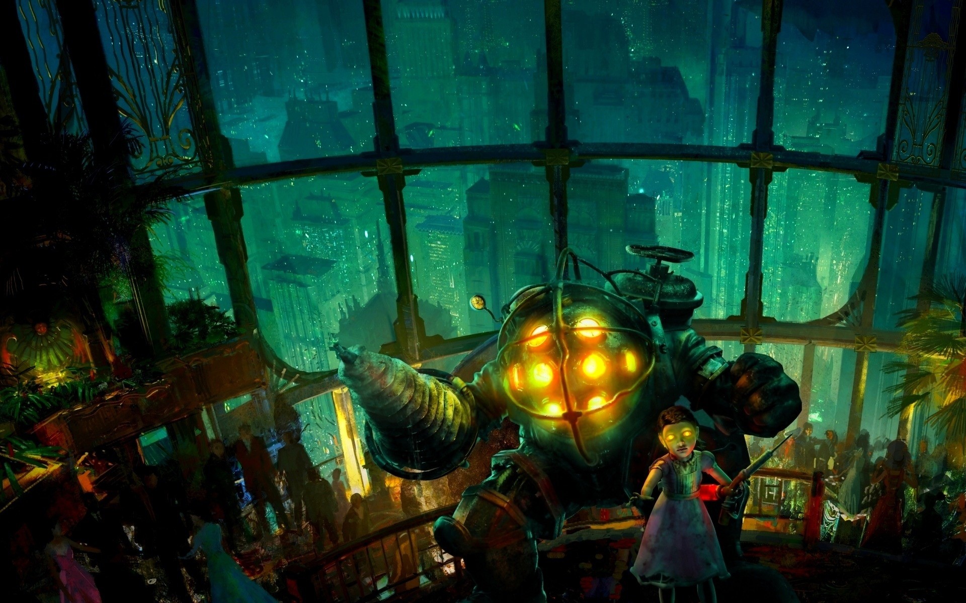 Big Daddy, Little Sister, BioShock, Rapture, Vetrata, 1920x1200, immagine di sfondo
