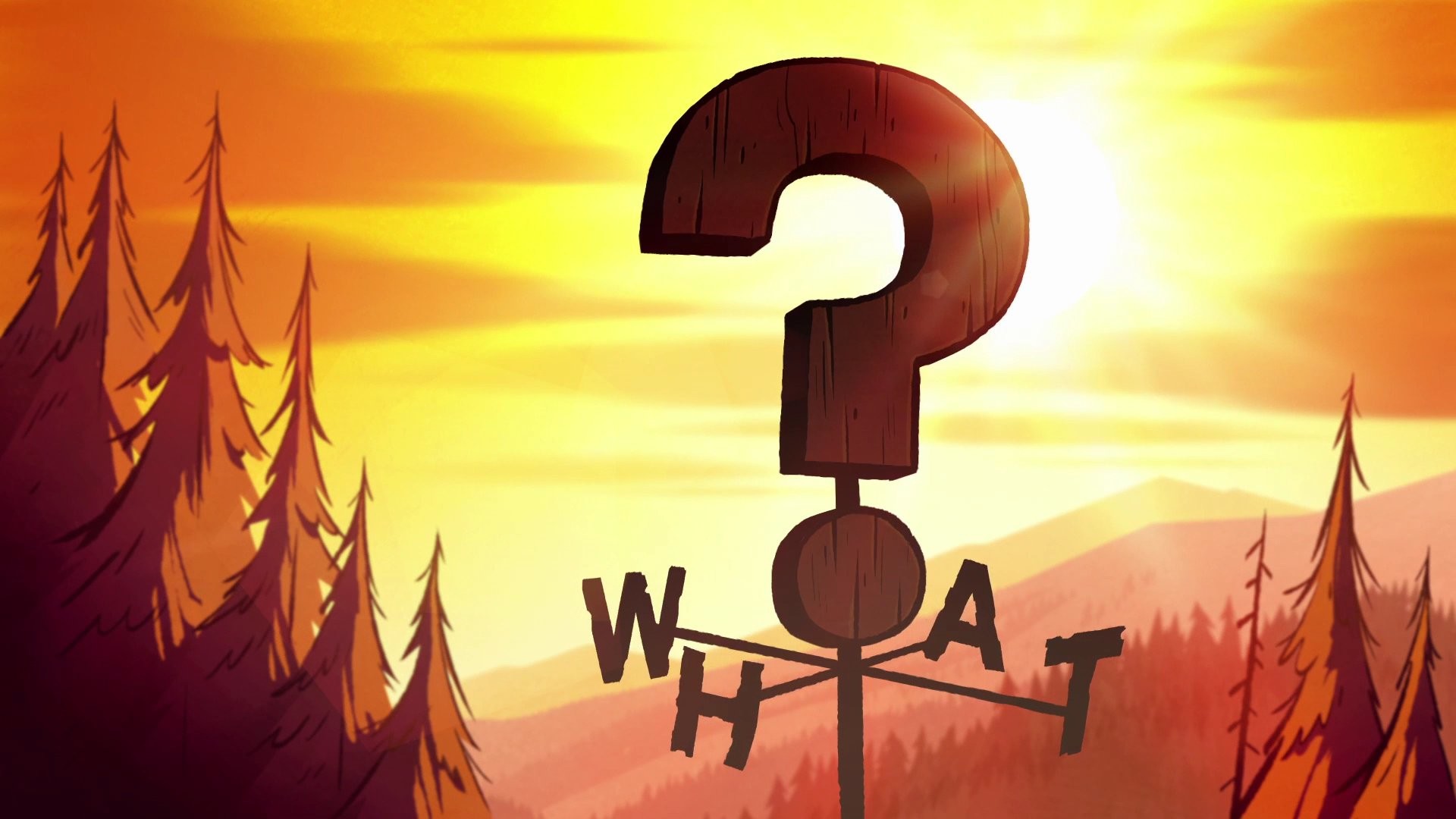 Gravity Falls, Punto interrogativo, Banderuola, Tramonto, Foresta, sfondo desktop 1080p