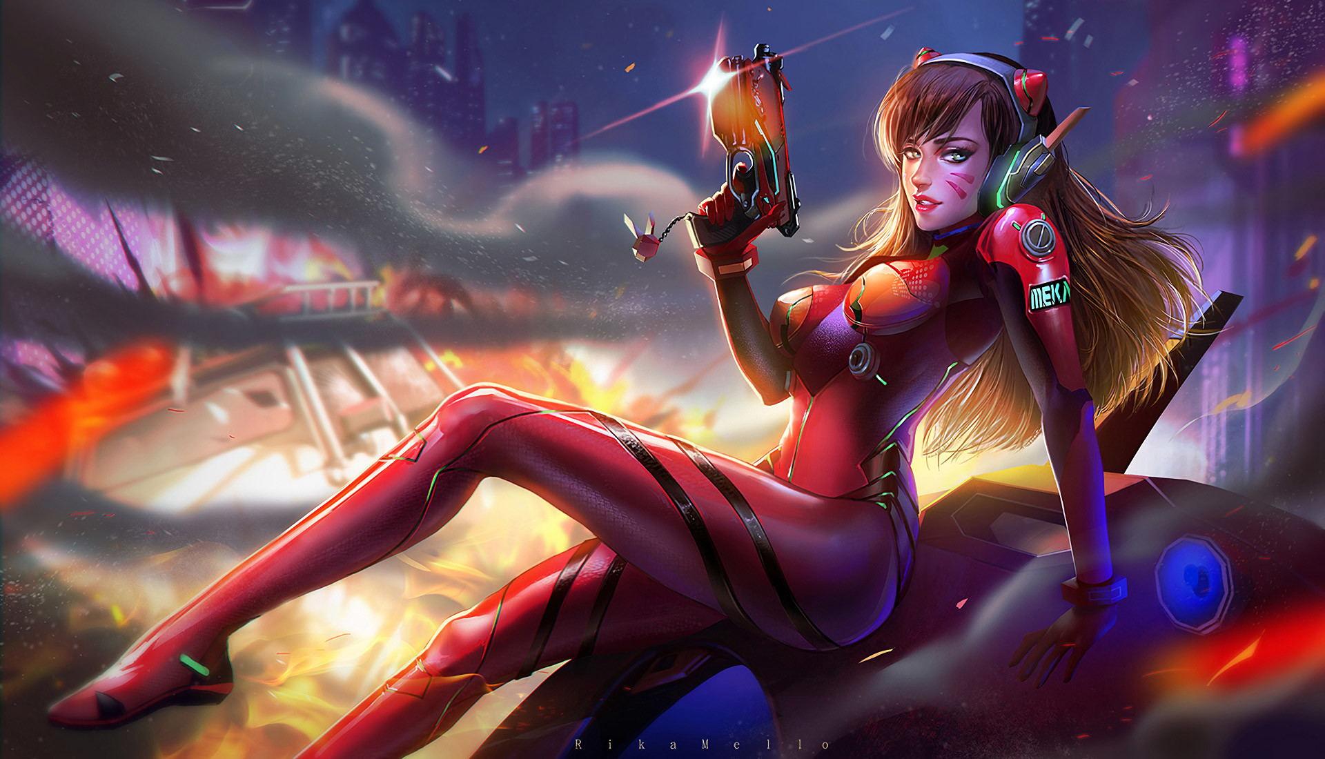 D.Va, Overwatch, Pistola, Fan art, Città, Full HD, sfondo per PC