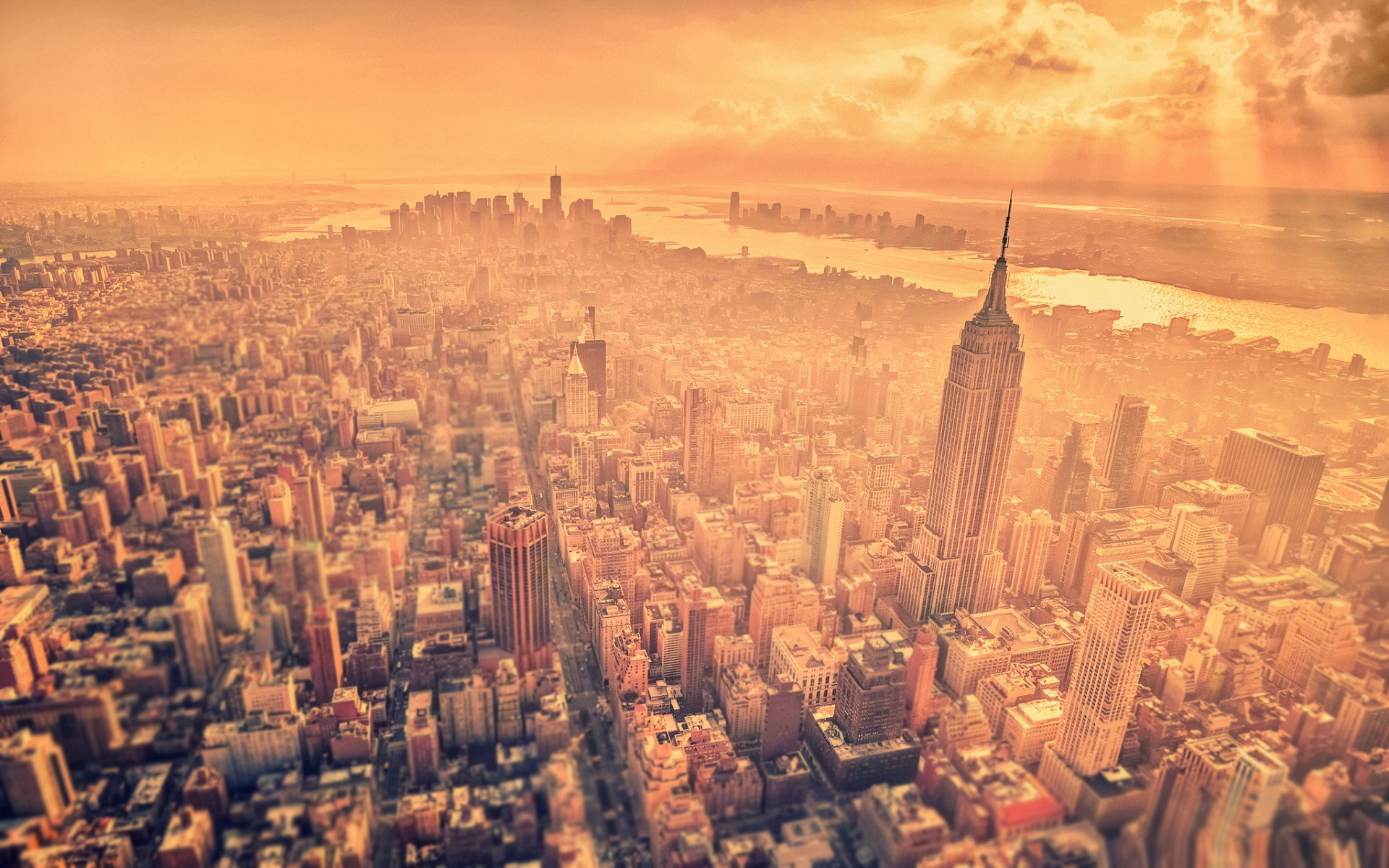 Empire State Building, Manhattan, New York, Vista aerea, Foschia dorata, sfondo Full HD per computer