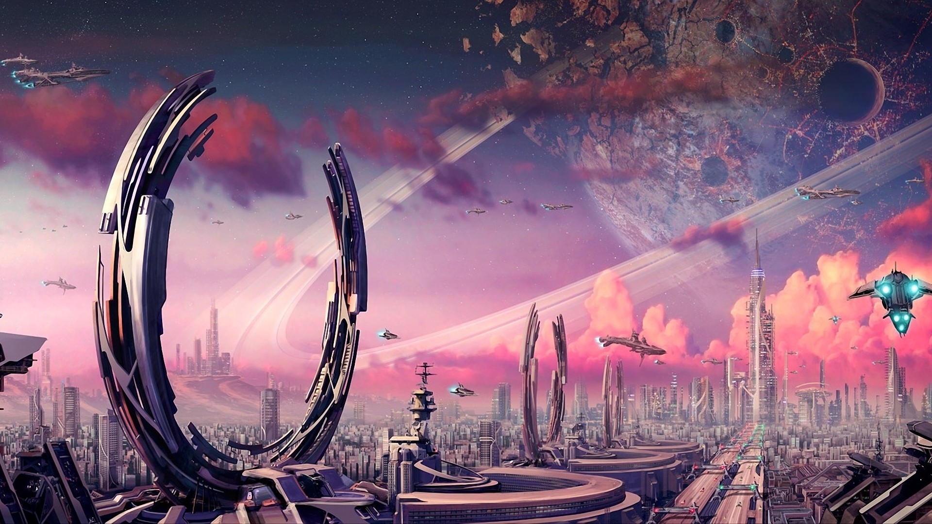 Città futuristica, Astronavi, Portale ad anello, Cielo rosa, Pianeti, sfondo desktop 1920x1080