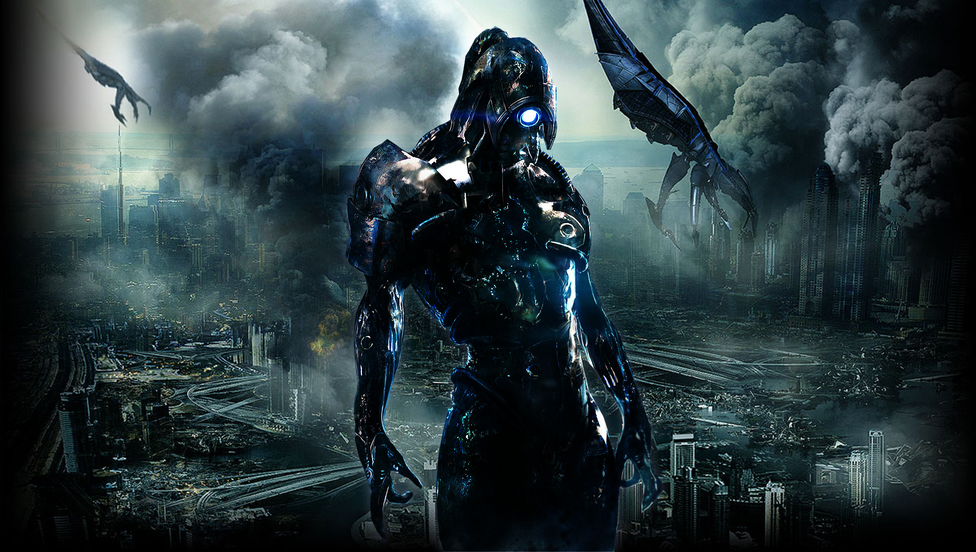 Legion, Mass Effect, Geth, Razziatori, Città distrutta, Full HD, sfondo per PC e portatile