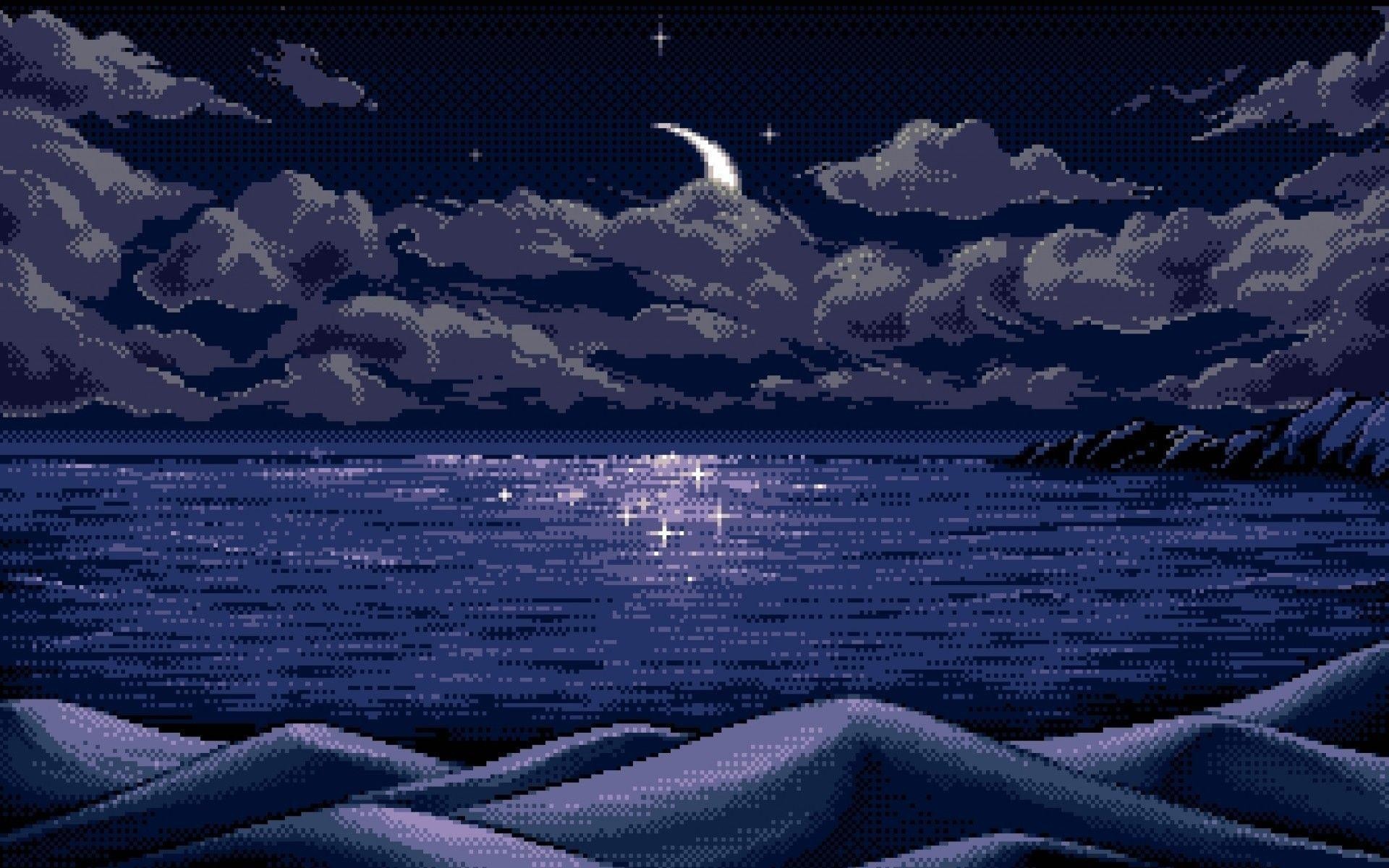 Pixel art, Mare, Luna crescente, Notte, Nuvole, 1920x1200, sfondo per PC