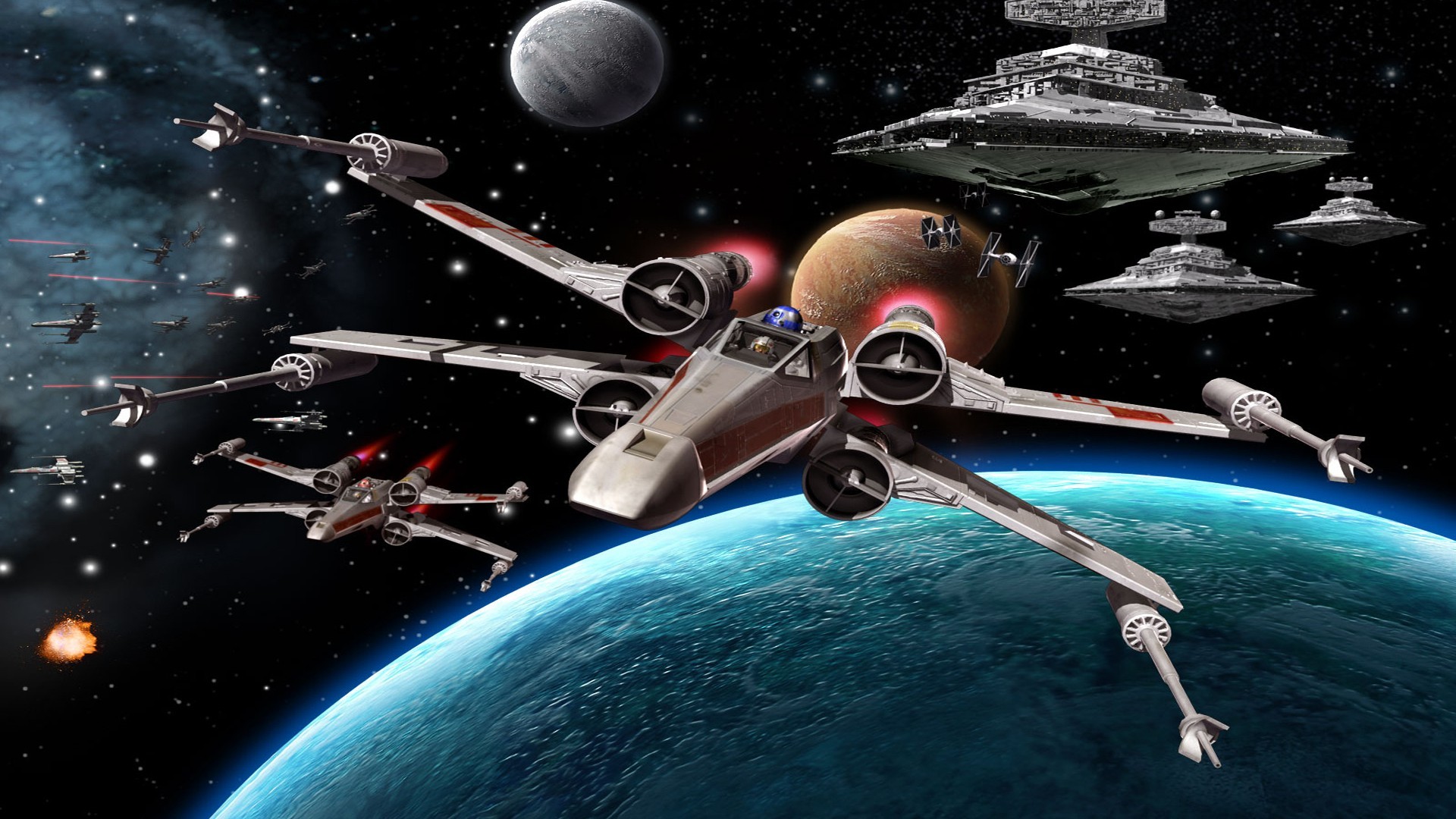 X-wing, Star Destroyer, Battaglia spaziale, Pianeta, Star Wars, 1920x1080, immagine di sfondo