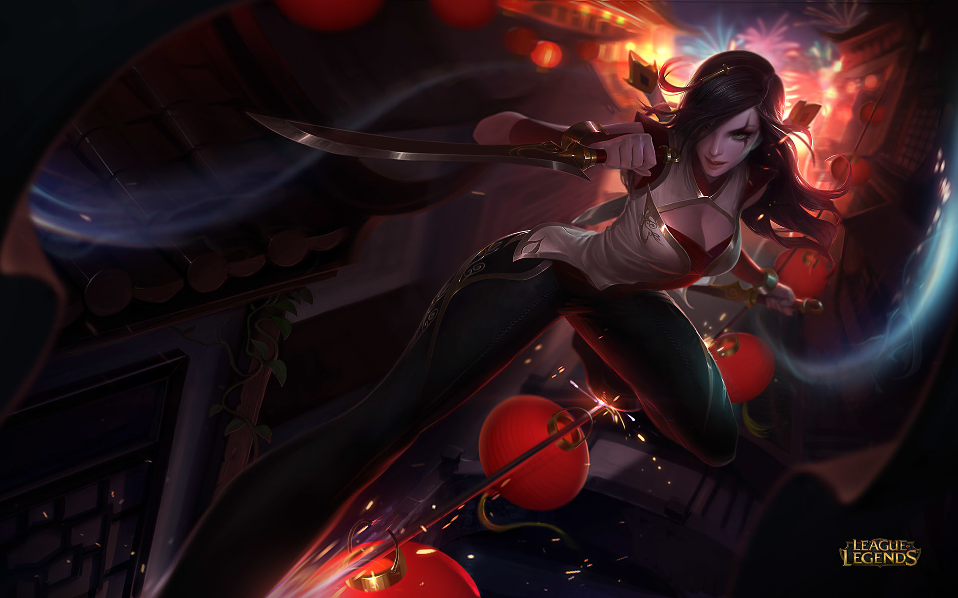 Akali, League of Legends, Lanterne, Rosso, 16:10 Full HD, sfondo widescreen