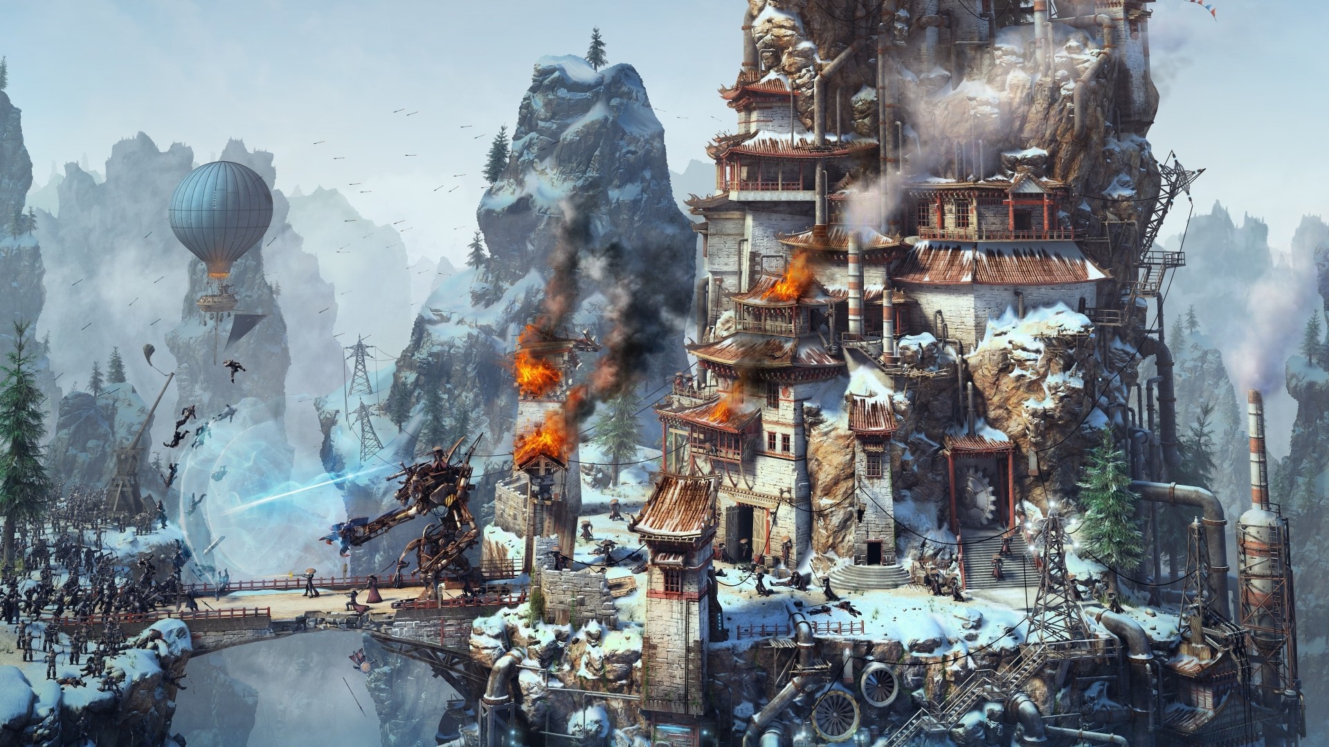 Città fortezza, Mongolfiera, Neve, Incendio, Steampunk, Fantasy, wallpaper Windows 11