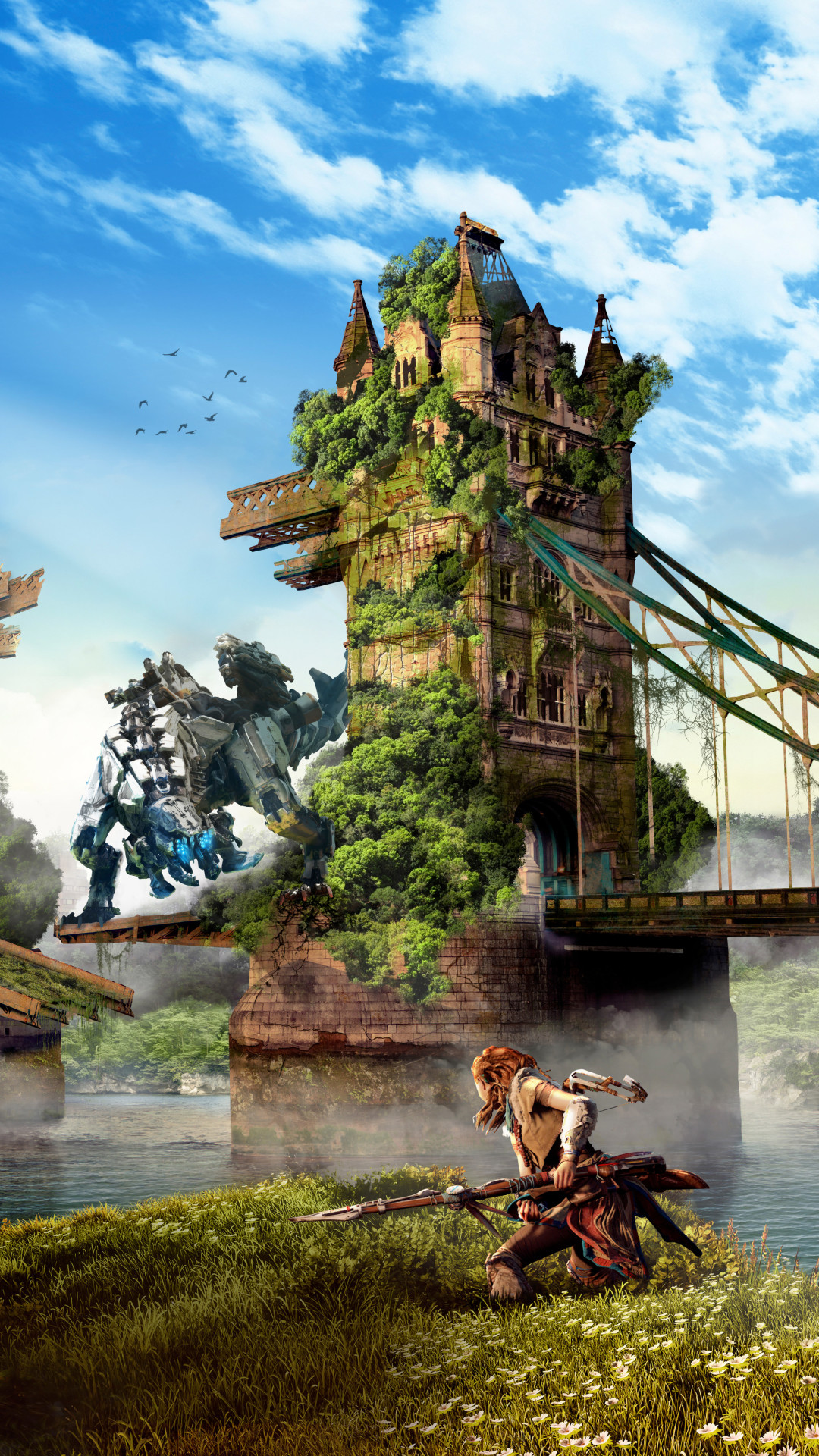 Aloy, Horizon Zero Dawn, Rovine, Vegetazione, sfondo per iPhone e Android