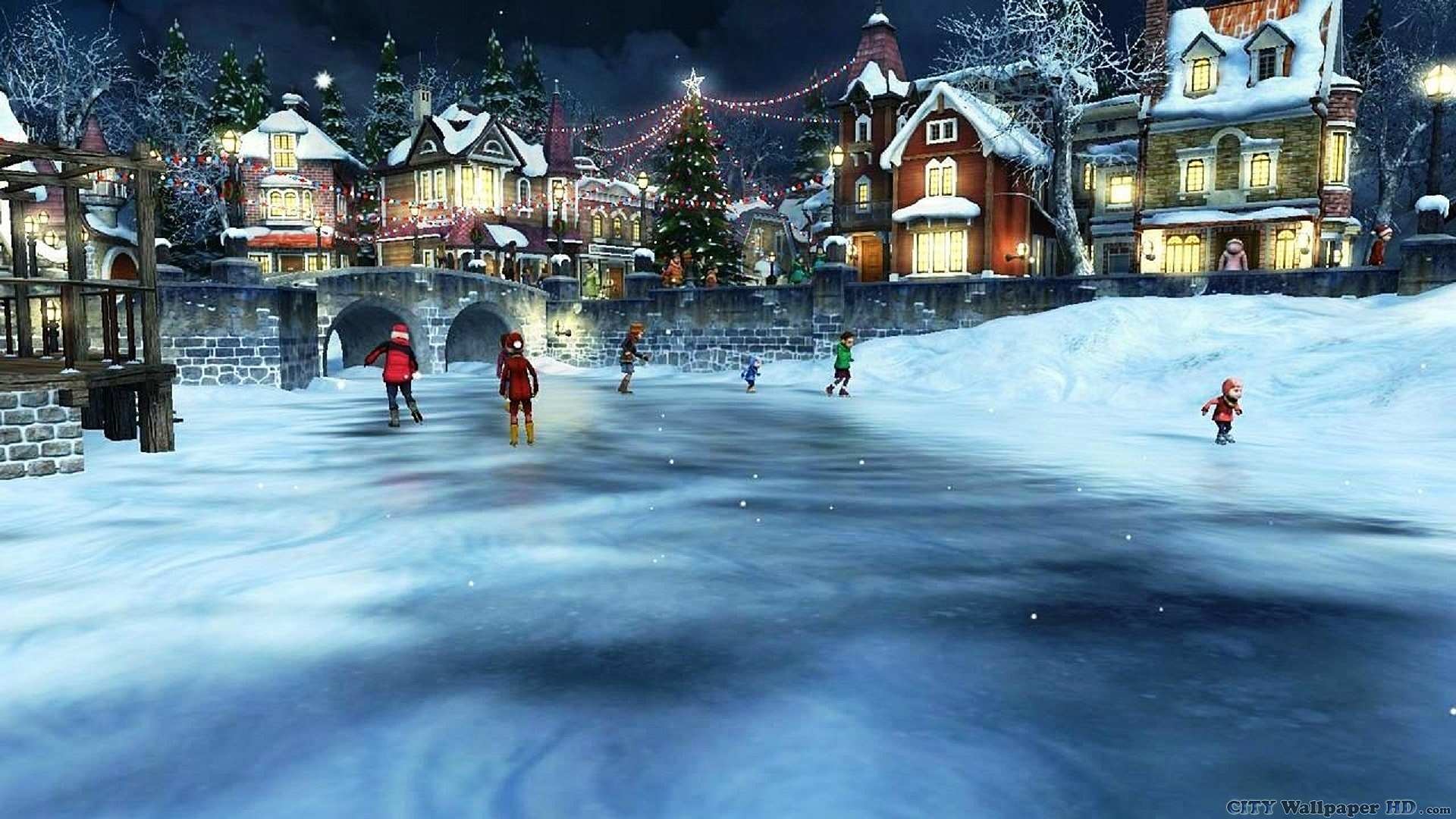 Villaggio di Natale, Pattinaggio sul ghiaccio, Neve, Notte, Arte digitale, sfondo desktop Full HD