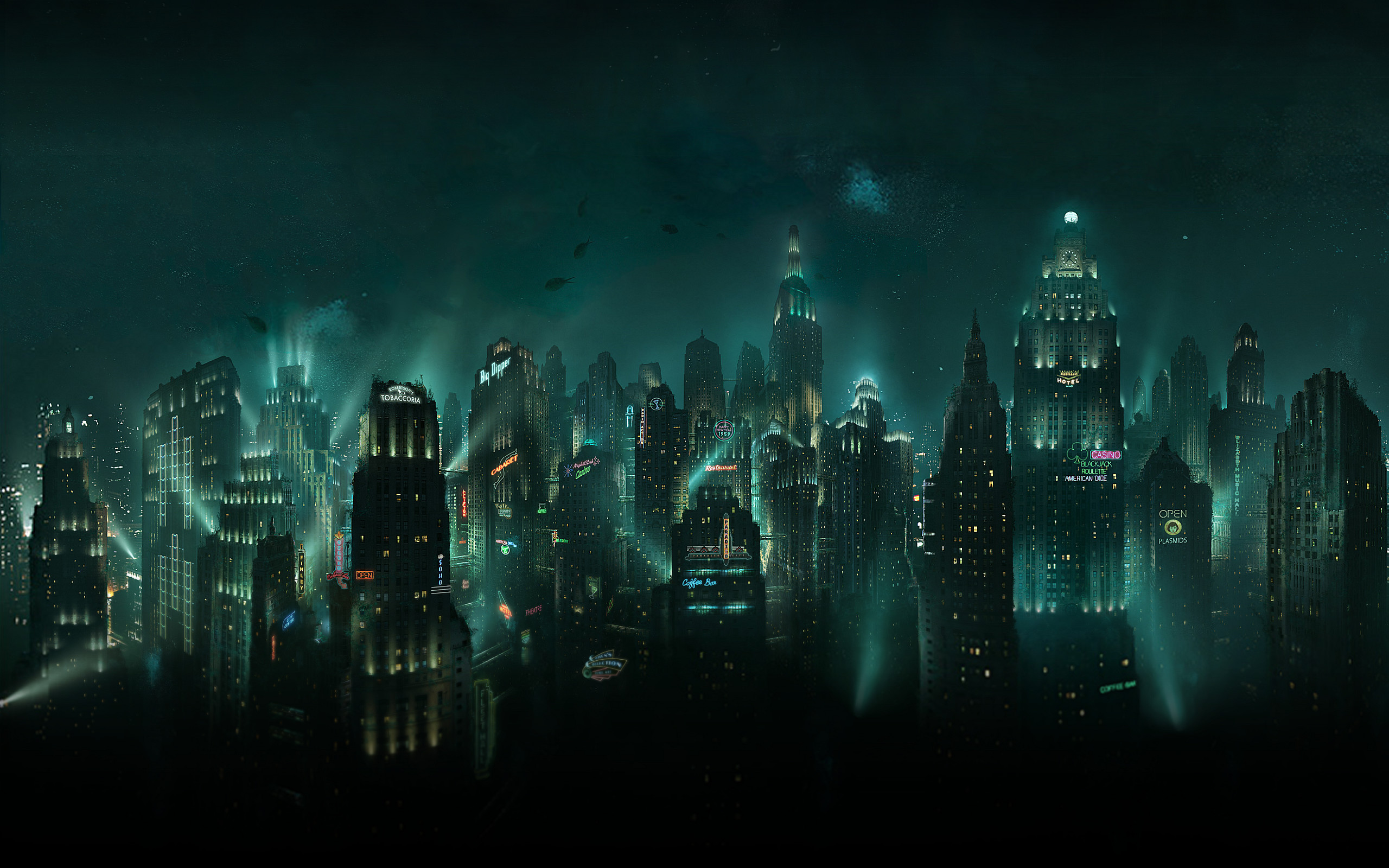 Rapture, BioShock, Città sottomarina, Grattacieli, Verde acqua, 2K, sfondo desktop