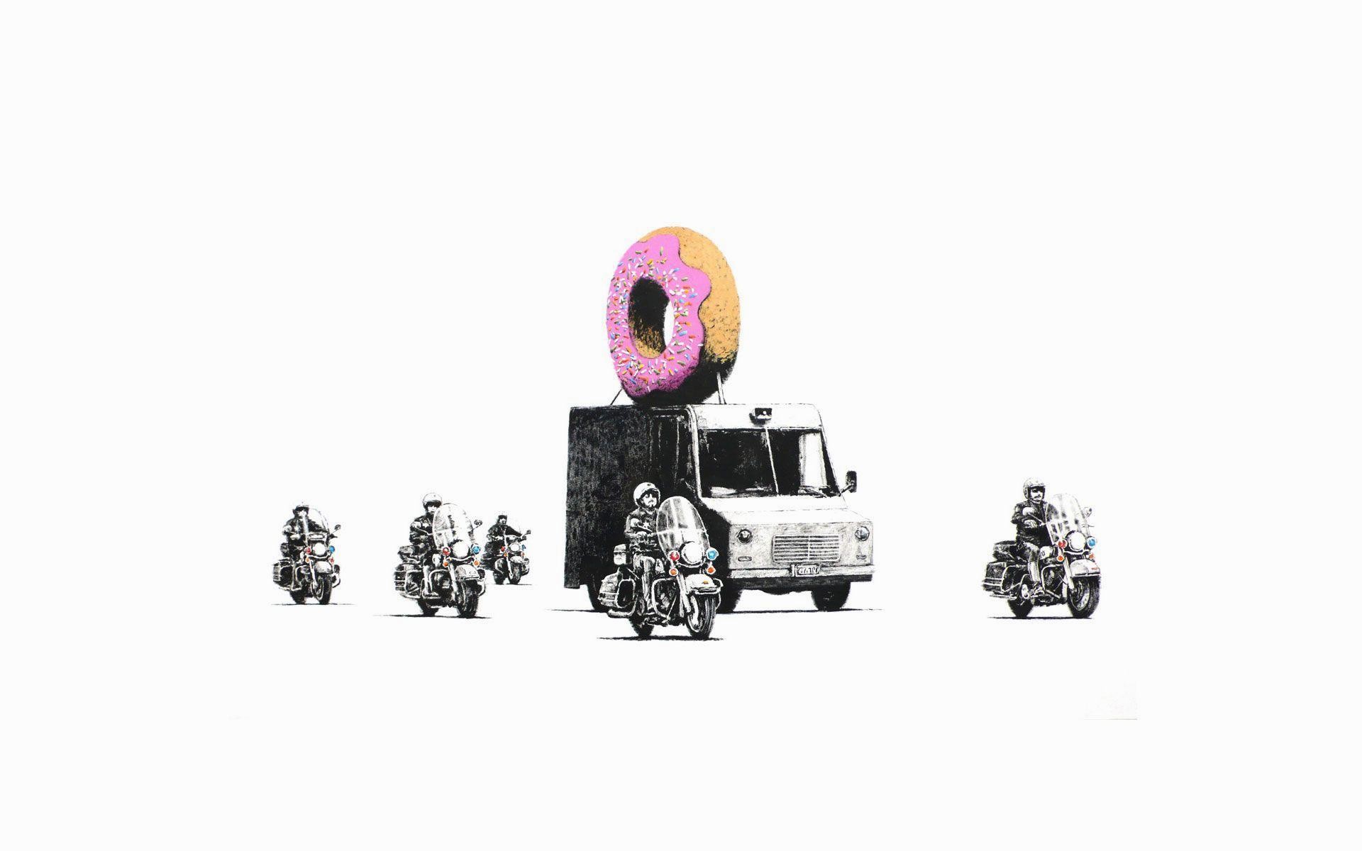 Donut Police, Banksy, Motociclisti, Sfondo bianco, Full HD, wallpaper per PC