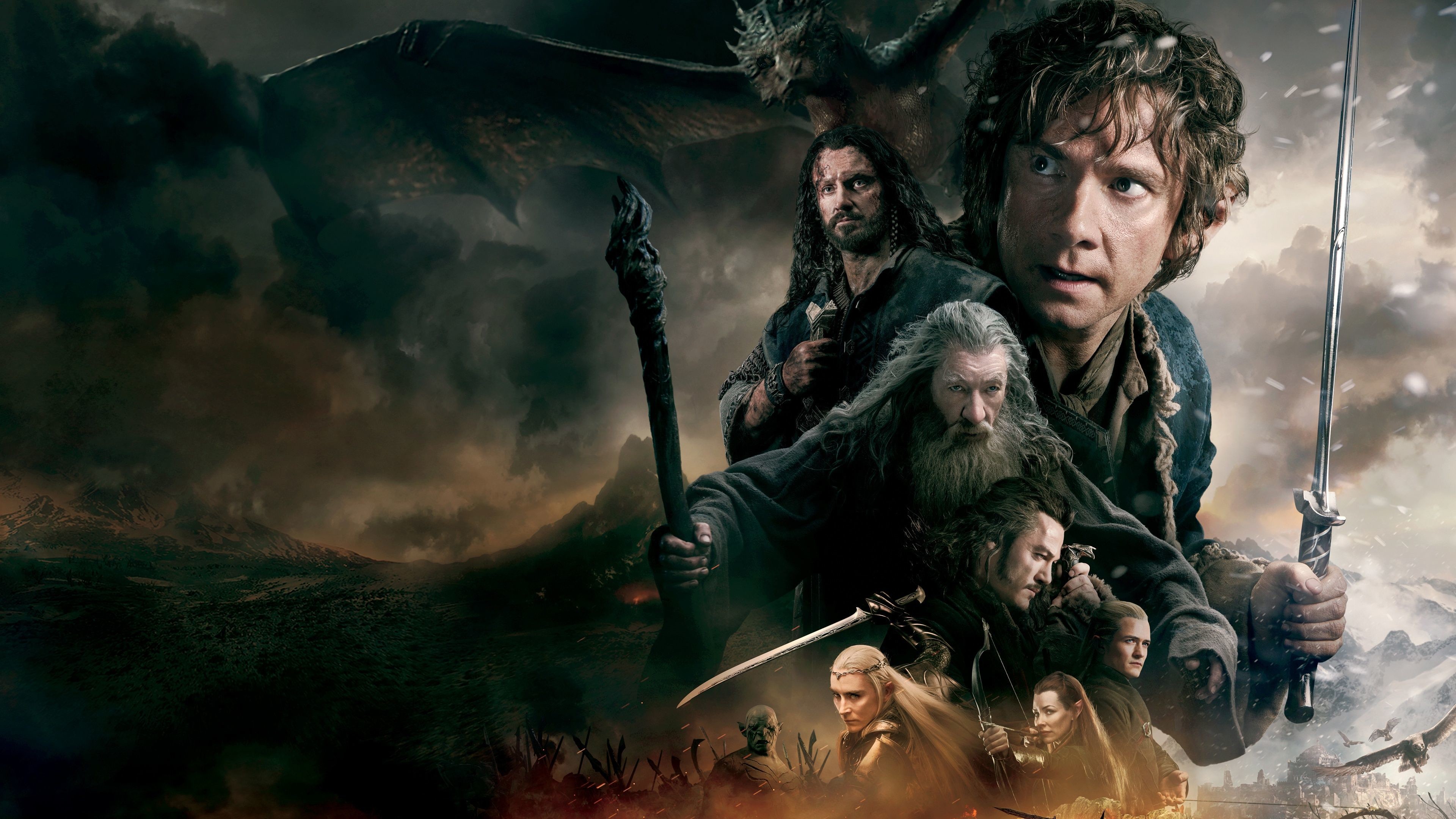 Bilbo Baggins, Gandalf, Thorin Scudodiquercia, Bard, Lo Hobbit: La battaglia delle cinque armate, sfondo 4K