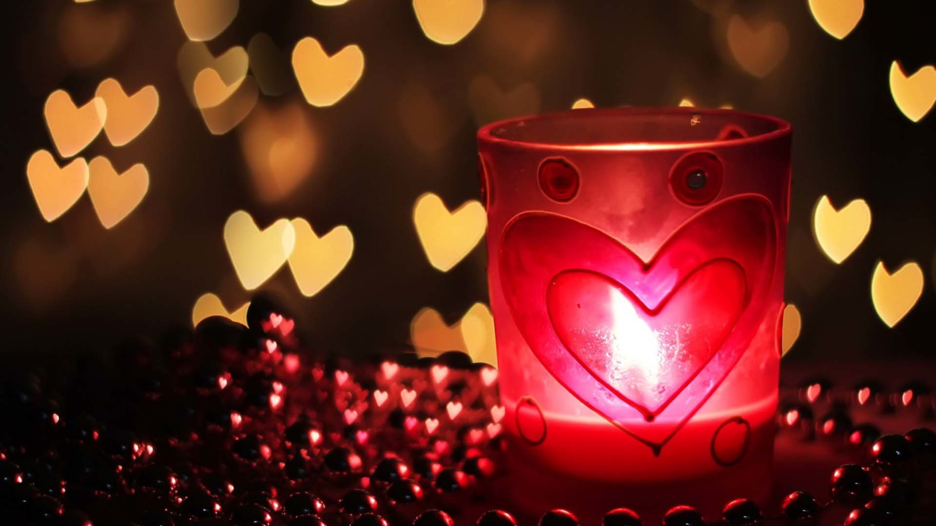 Candela, Cuori bokeh, Rosso, Romantico, Full HD, sfondo per PC