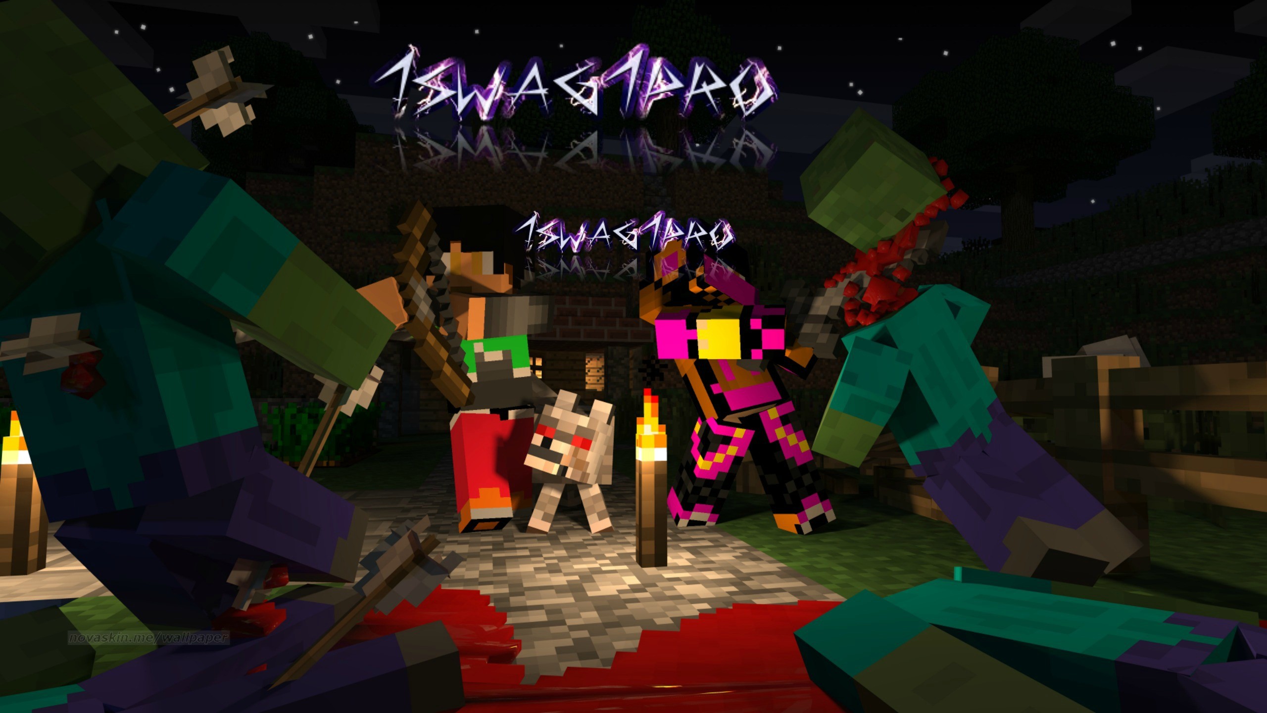 Minecraft, Zombie, Skin, Notte, Torce, 2560x1440, sfondo per PC