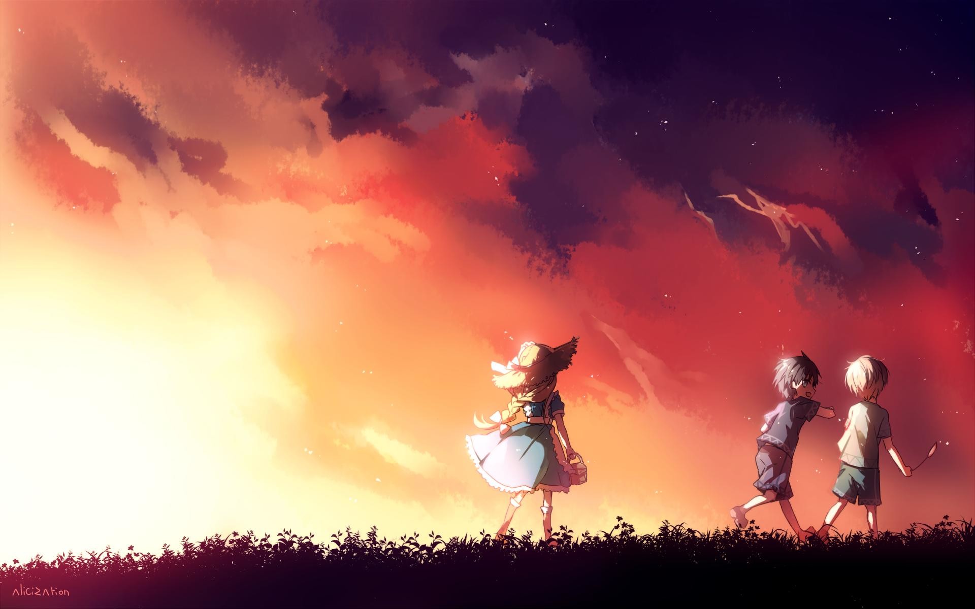 Sword Art Online, Tramonto, Silhouette, Cielo rosso, 1920x1200, sfondo per PC
