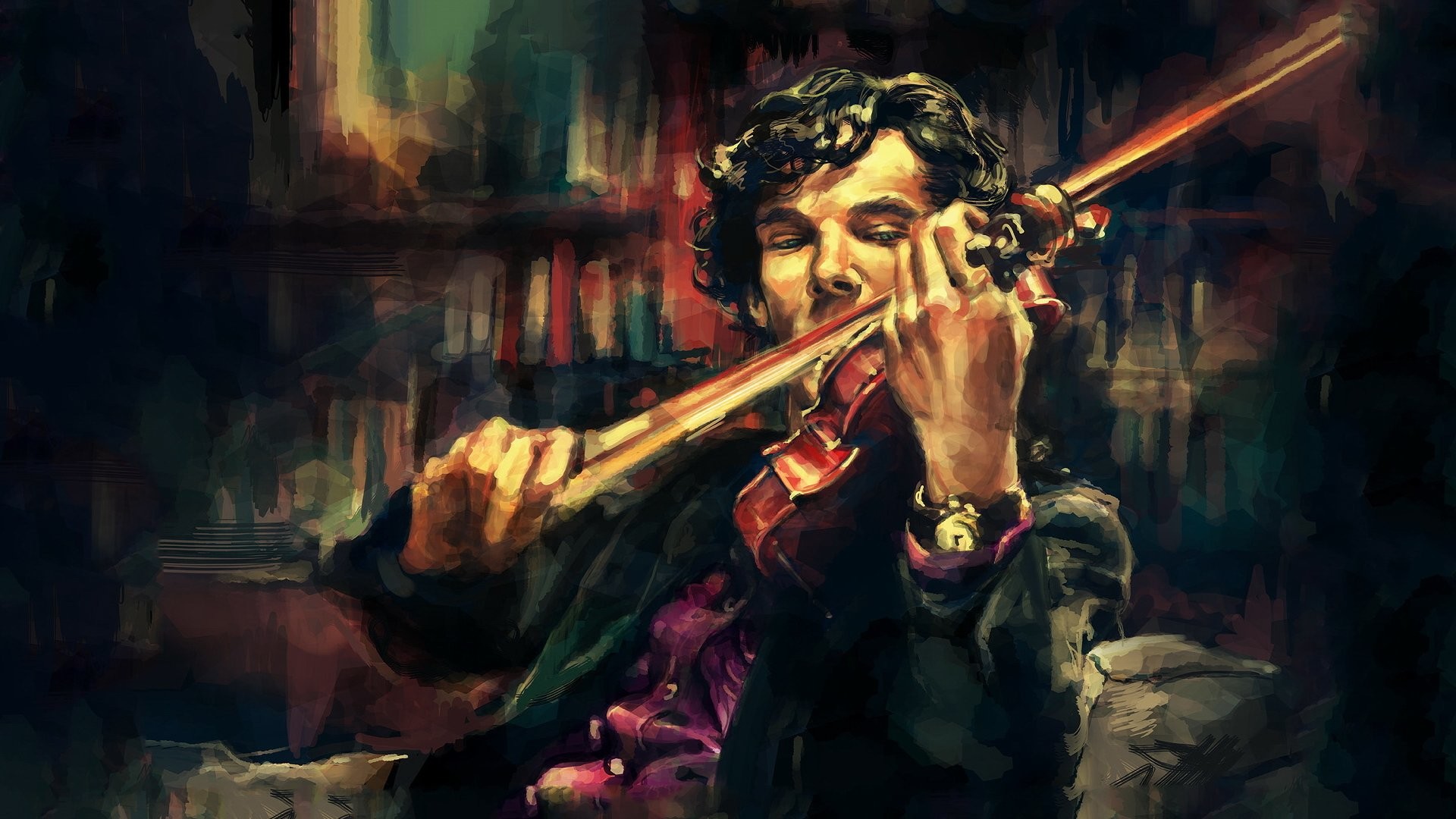 Sherlock Holmes, Benedict Cumberbatch, Violino, Pittura digitale, Sherlock, sfondo per portatile