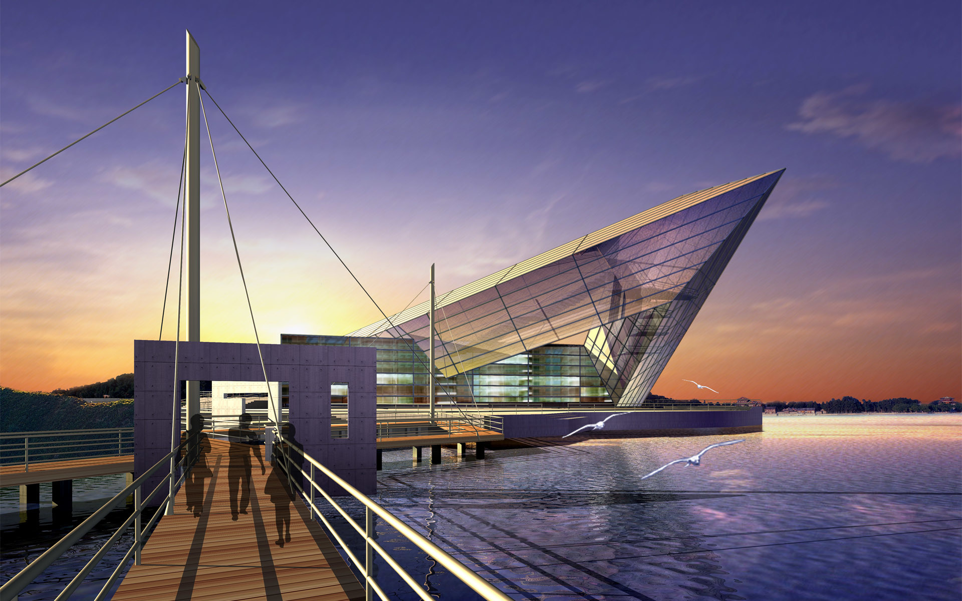 Architettura moderna, Passerella, Rendering, Tramonto, Lungomare, sfondo desktop Full HD