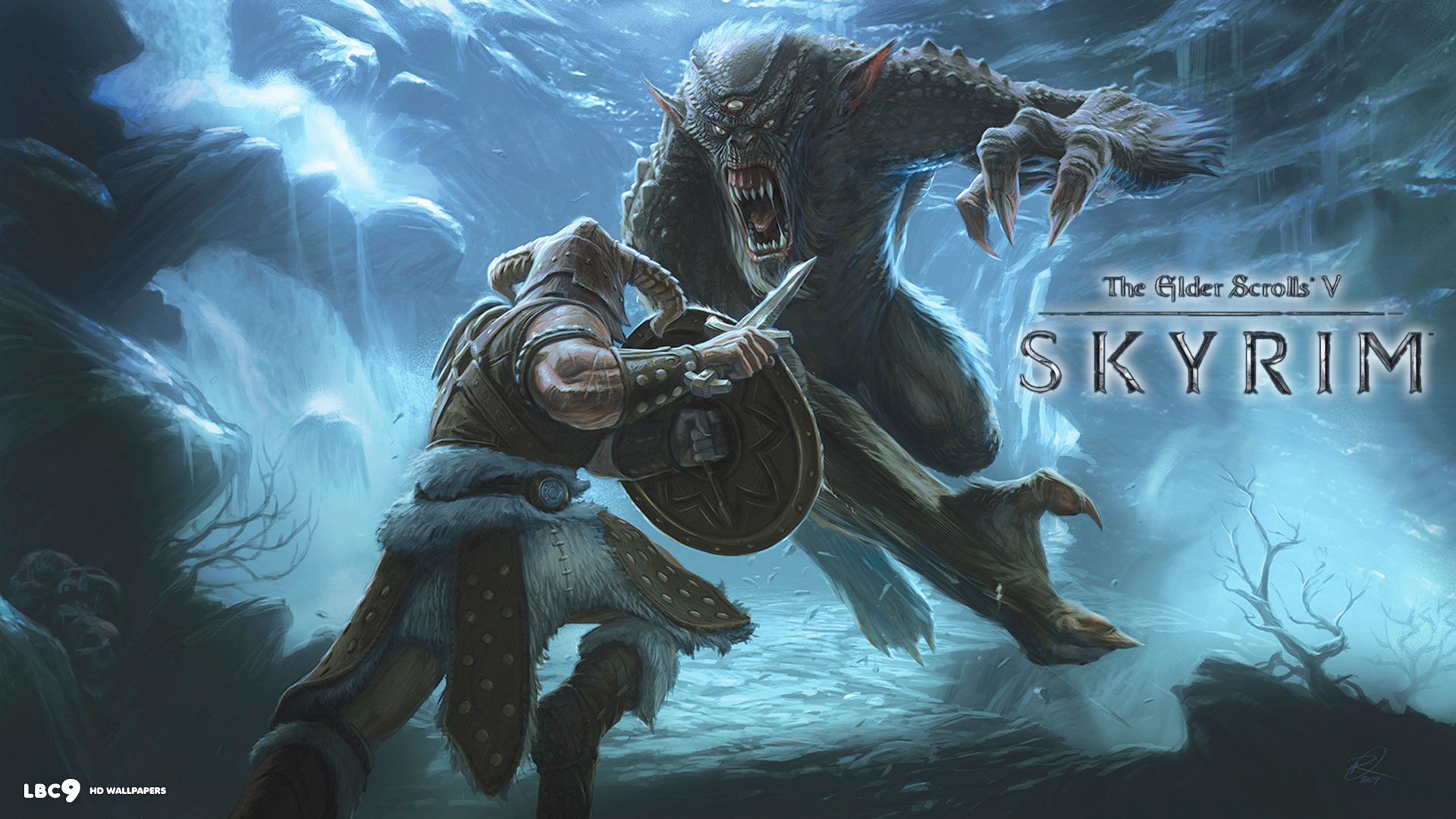 The Elder Scrolls V: Skyrim, Lupo mannaro, Guerriero, Scudo, Logo, sfondo Full HD per computer