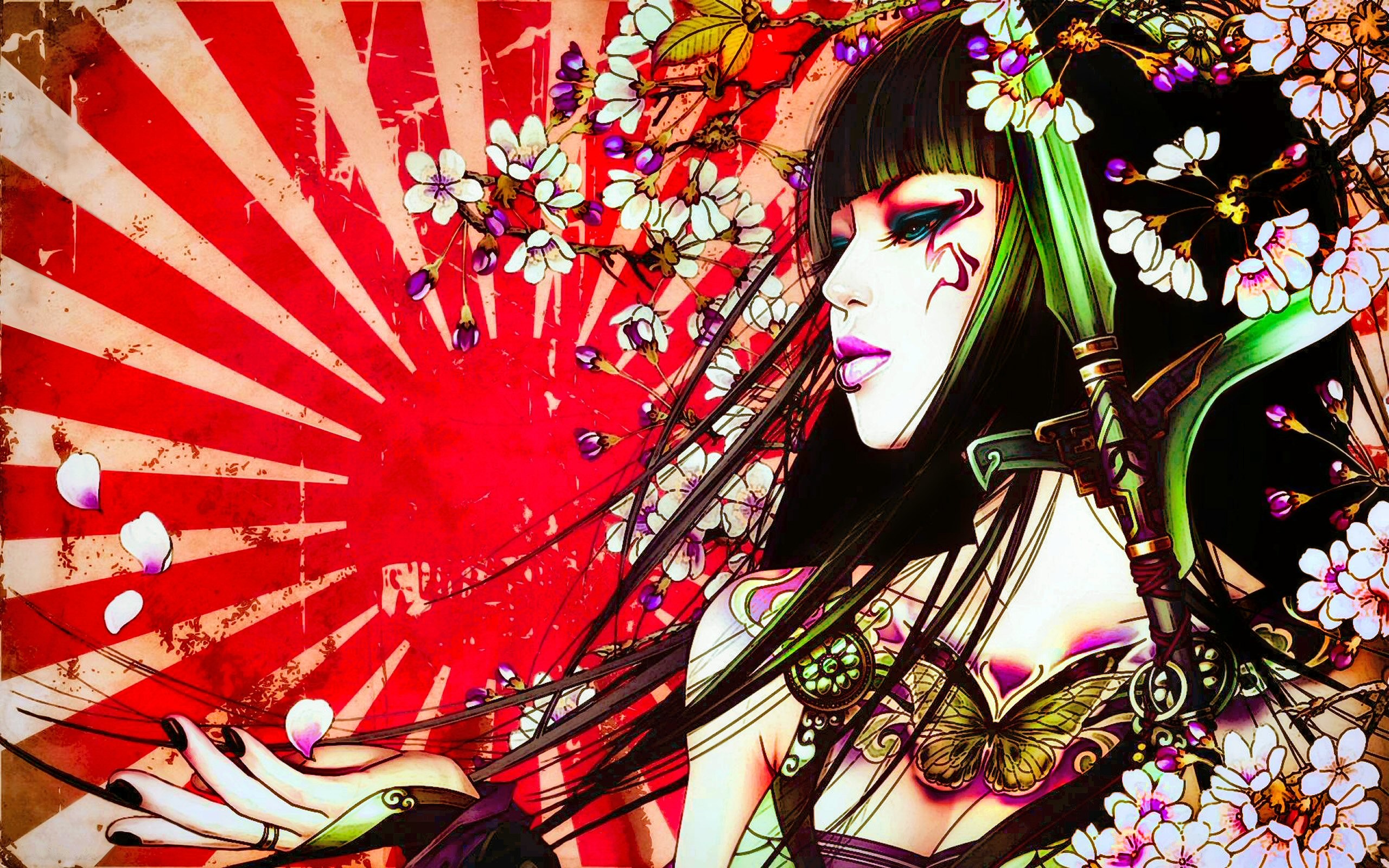 Geisha, Sol Levante, Fiori, Illustrazione, 2560x1600, sfondo MacBook Pro