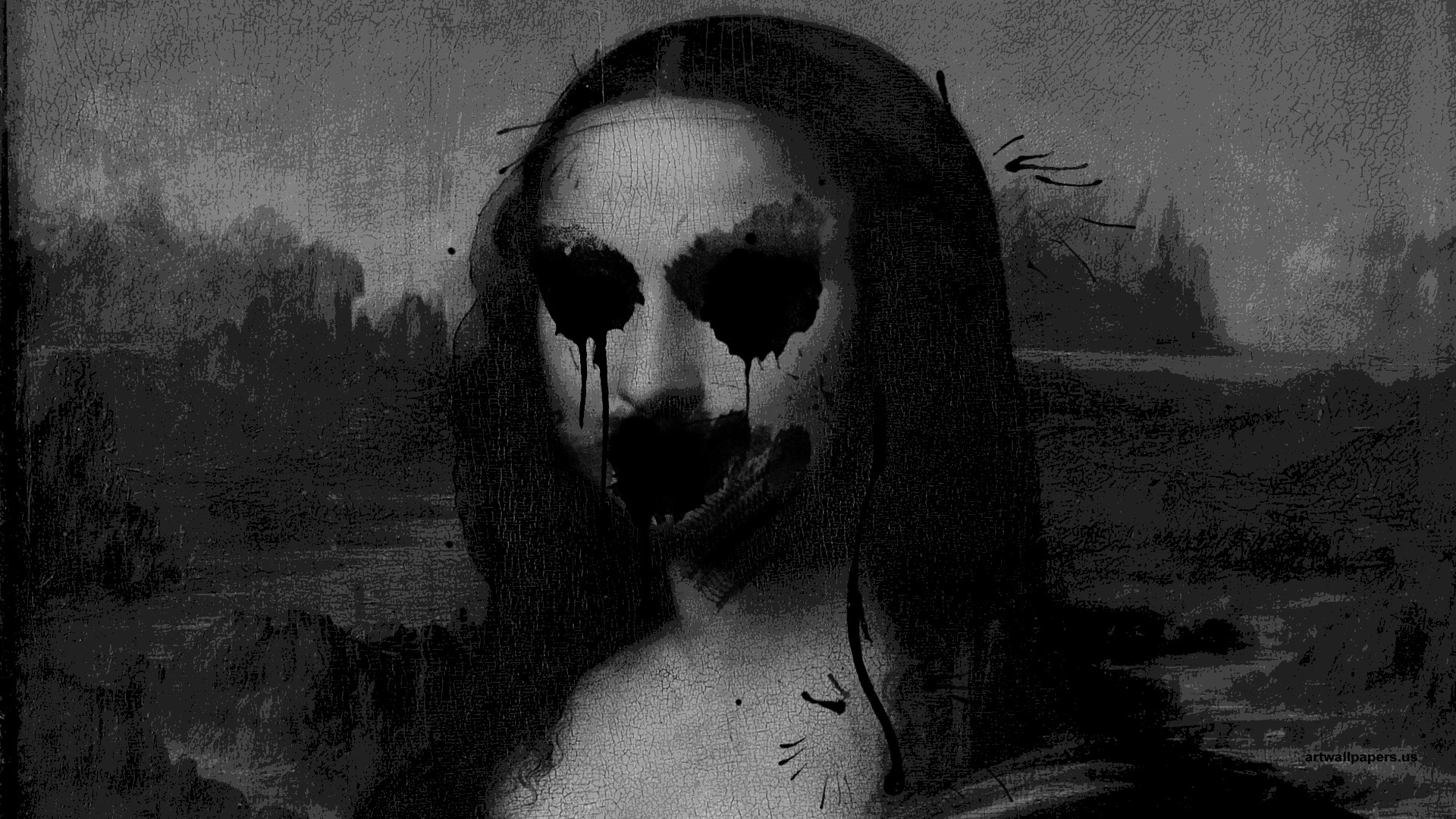 Monna Lisa, Occhi neri, Parodia horror, Bianco e nero, Full HD, sfondo per PC e portatile