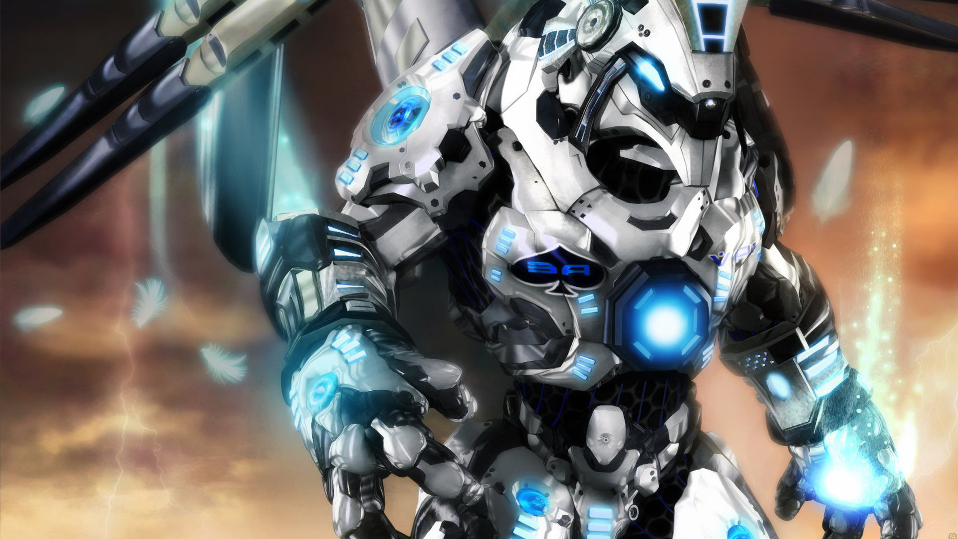 Mech, Armatura, Luci blu, Arte digitale, Full HD, sfondo Windows 11