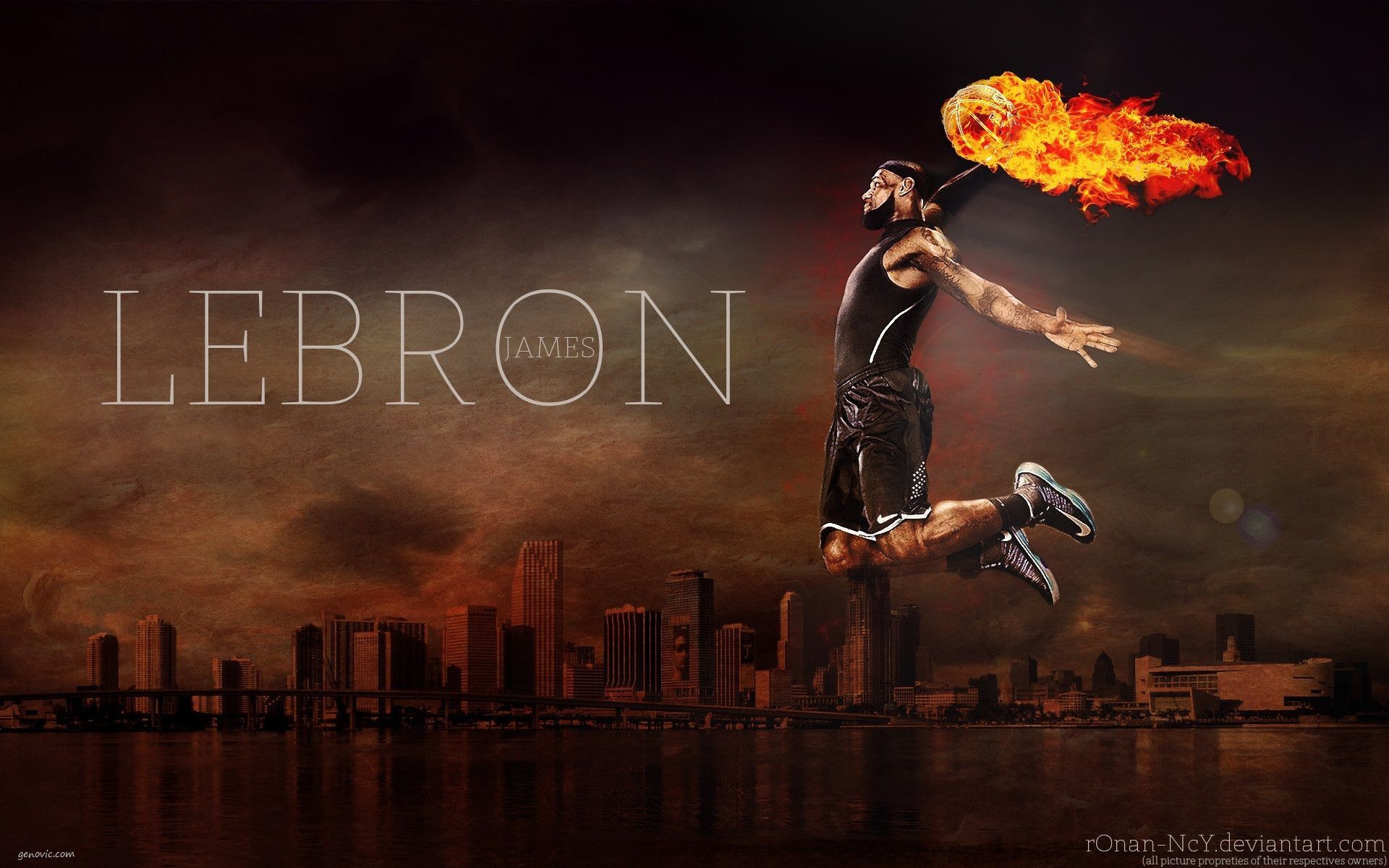 LeBron James, Miami Heat, Schiacciata, Palla di fuoco, Skyline, Full HD, sfondo per PC e portatile