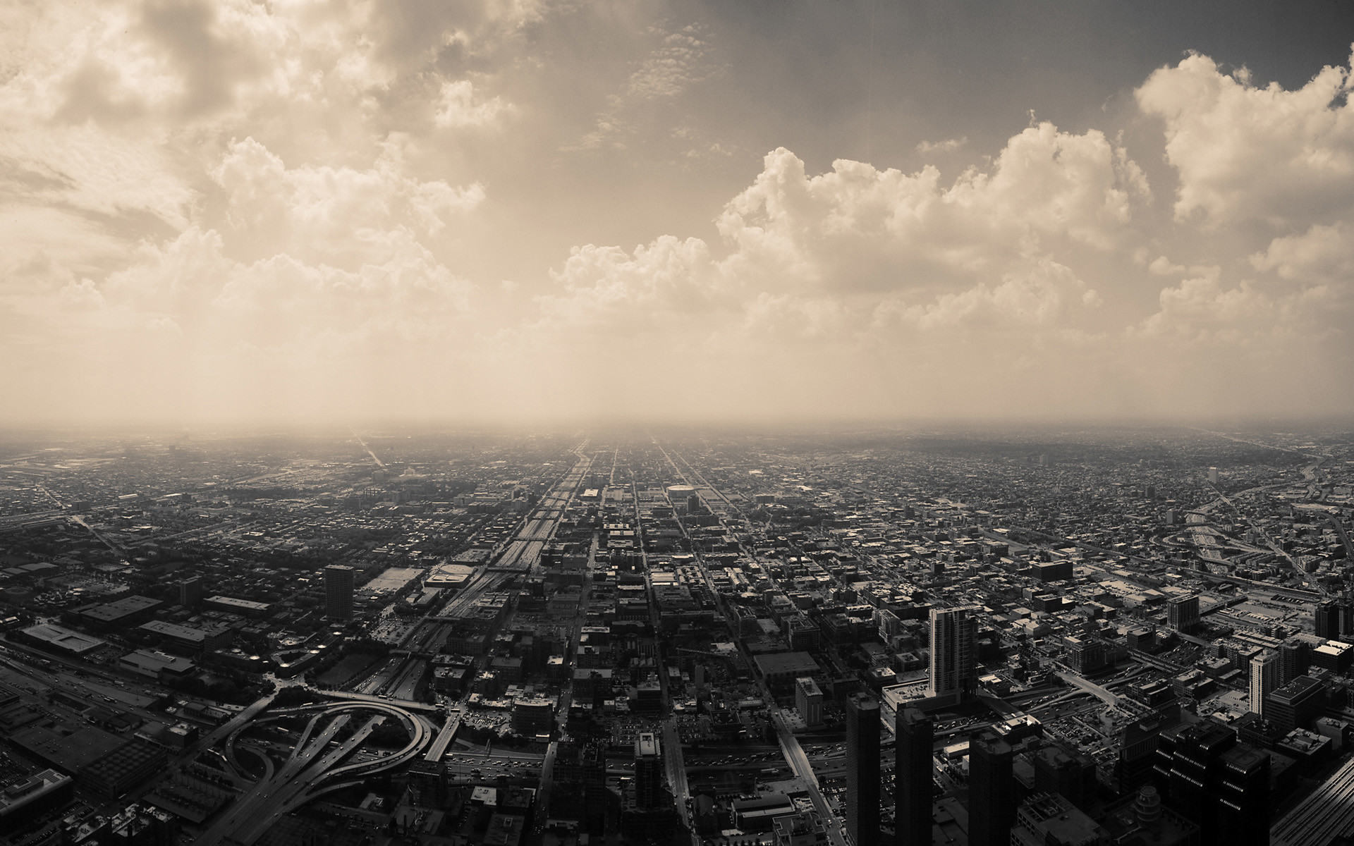 Città dall'alto, Nuvole, Seppia, Vista aerea, 16:10 Full HD, sfondo widescreen