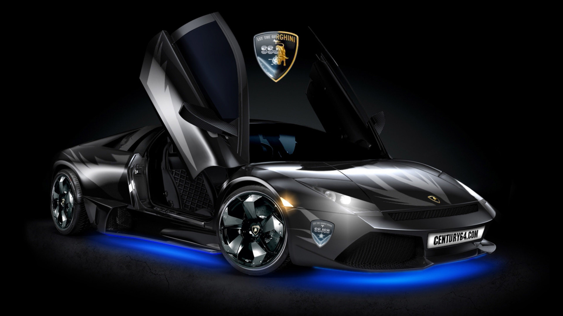 Lamborghini Murciélago, Nero, Luci al neon blu, Portiere a forbice, wallpaper Windows 11