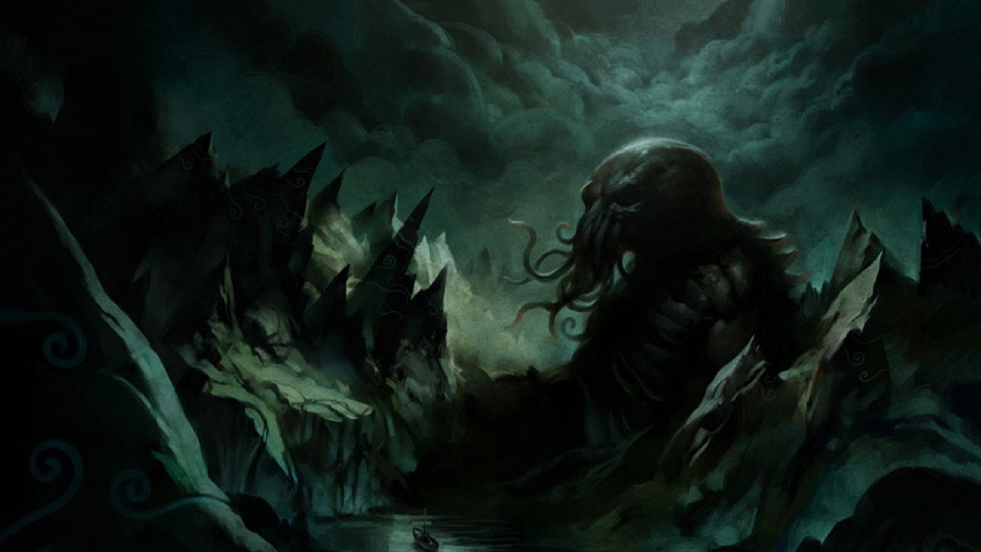 Cthulhu, R'lyeh, H. P. Lovecraft, Verde scuro, Full HD, sfondo per PC e portatile
