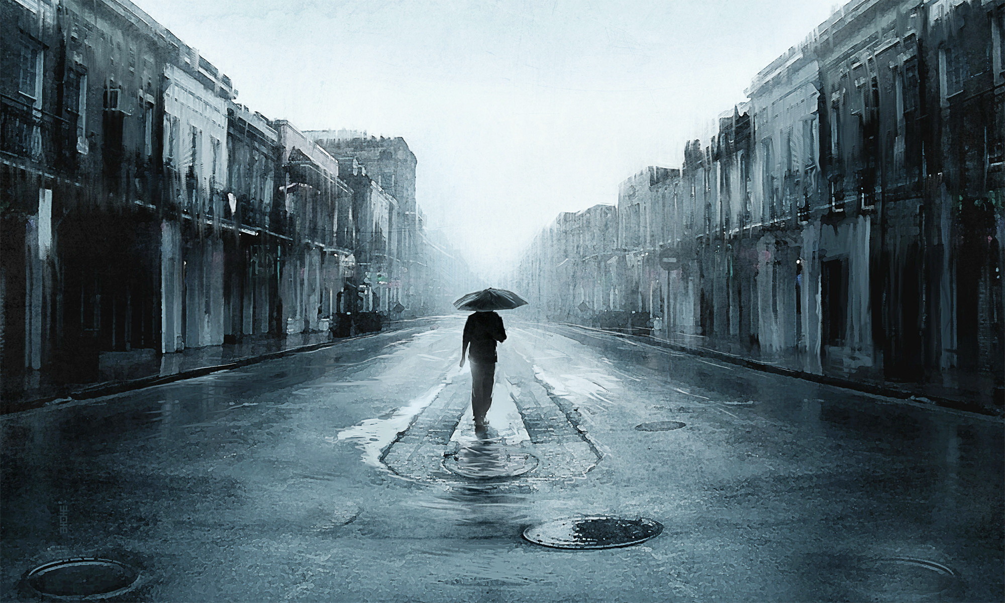Pioggia, Ombrello, Strada, Bianco e nero, Full HD, wallpaper per PC