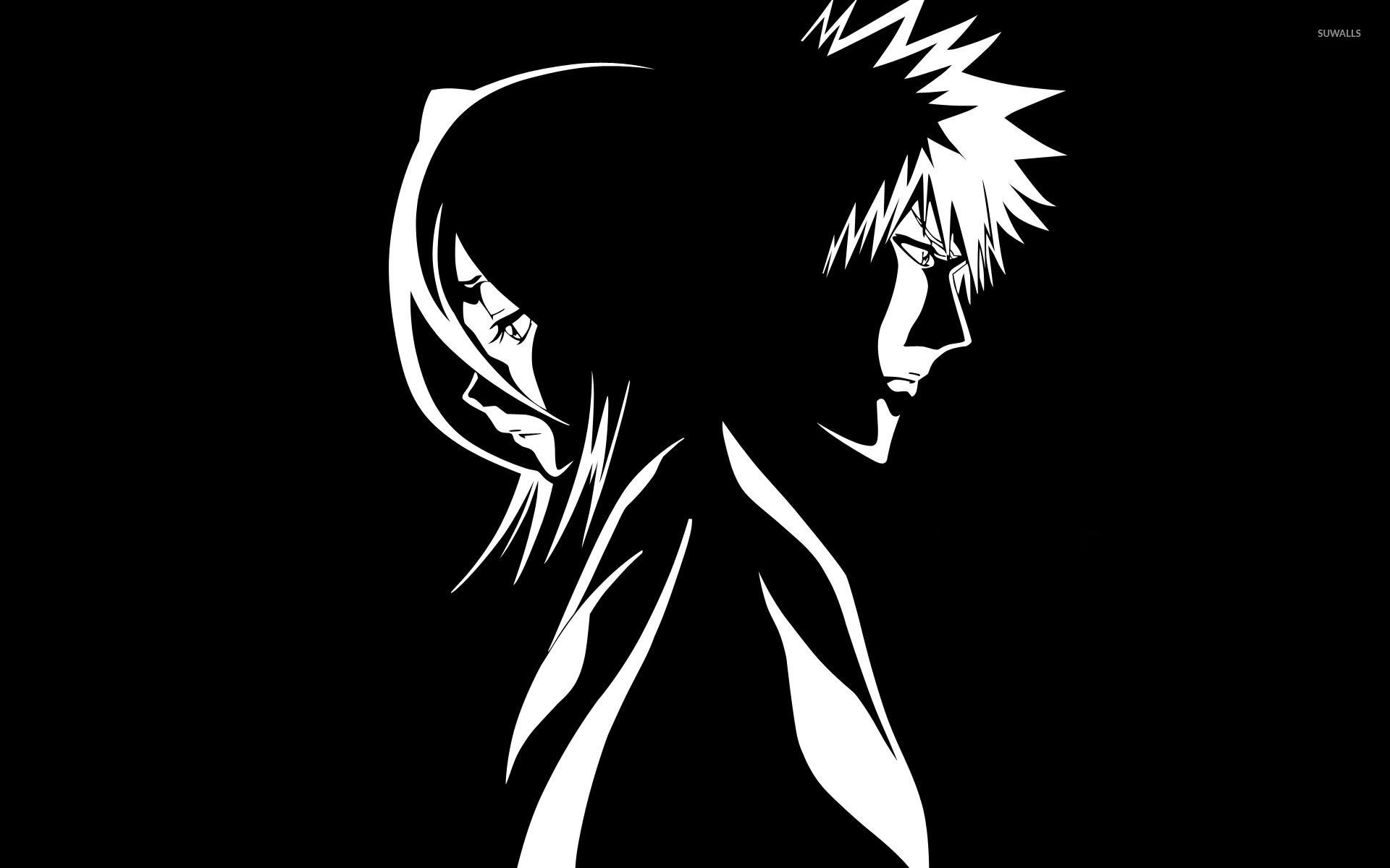 Ichigo Kurosaki, Rukia Kuchiki, Bleach, Silhouette, Bianco e nero, sfondo Full HD per computer