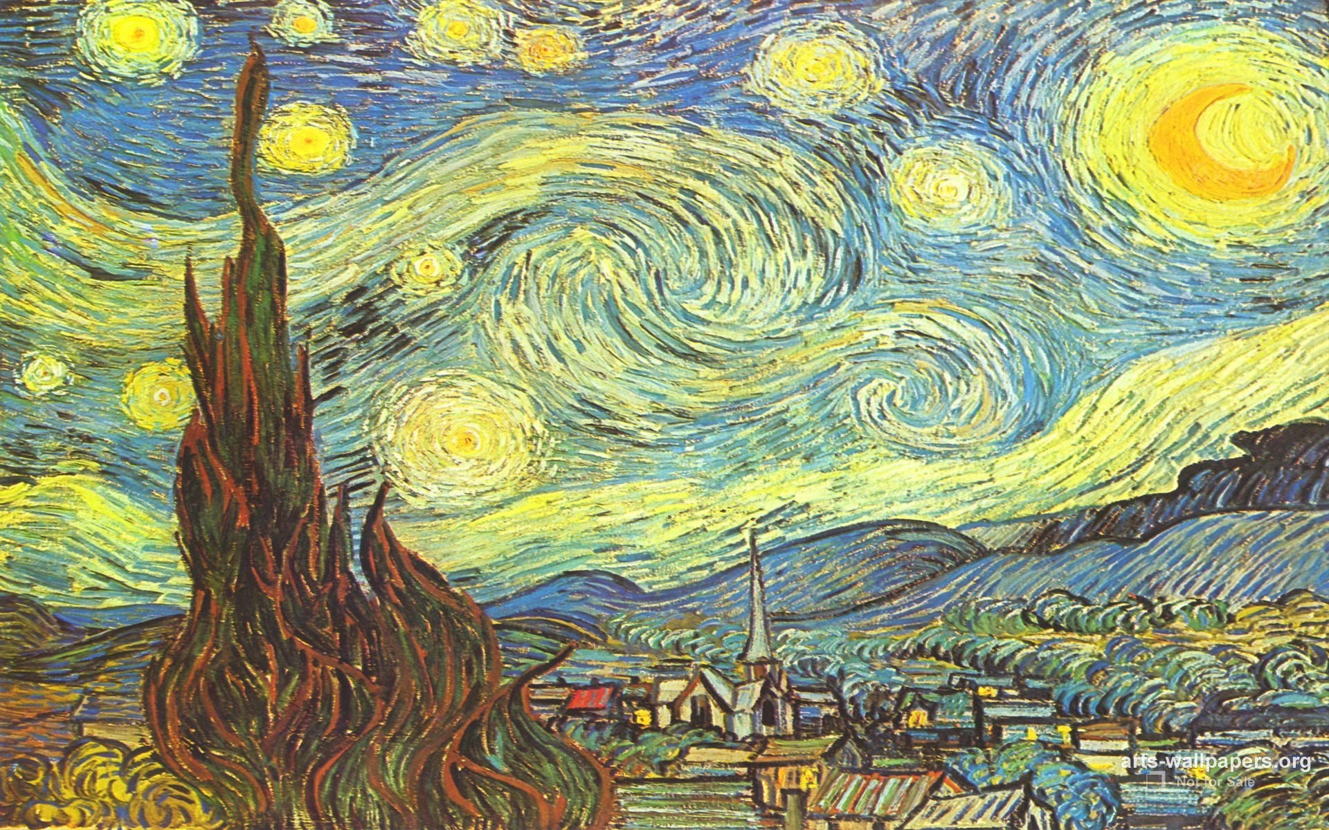 Notte stellata, Vincent van Gogh, Cipresso, Cielo vorticoso, Luna, Notte, wallpaper 1920x1200