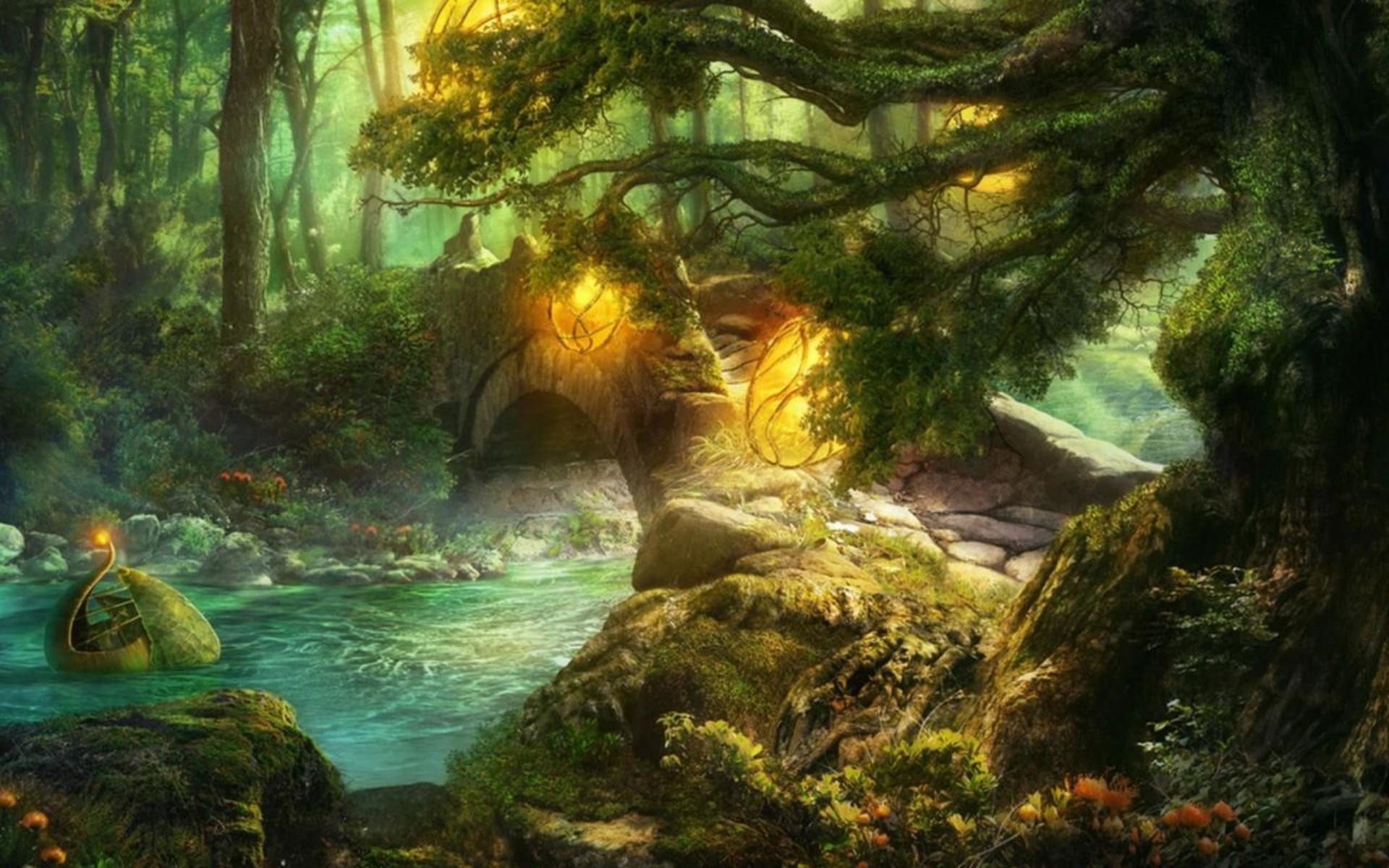 Foresta incantata, Fiume, Luce, Verde, 16:10 Full HD, sfondo widescreen