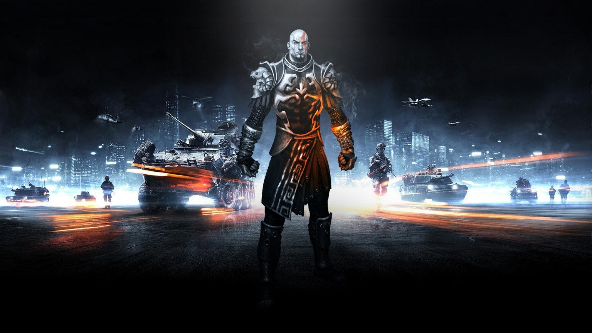 Kratos, Battlefield 3, Crossover, Carri armati, Notte, 1920x1080, immagine di sfondo