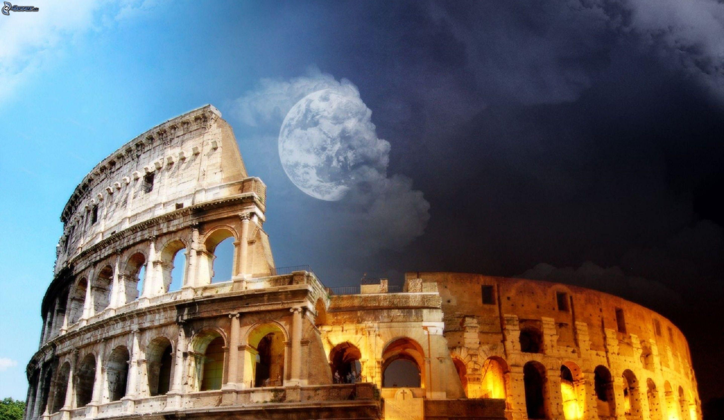 Colosseo, Roma, Giorno e notte, Luna piena, Fotomontaggio, 2K, sfondo desktop