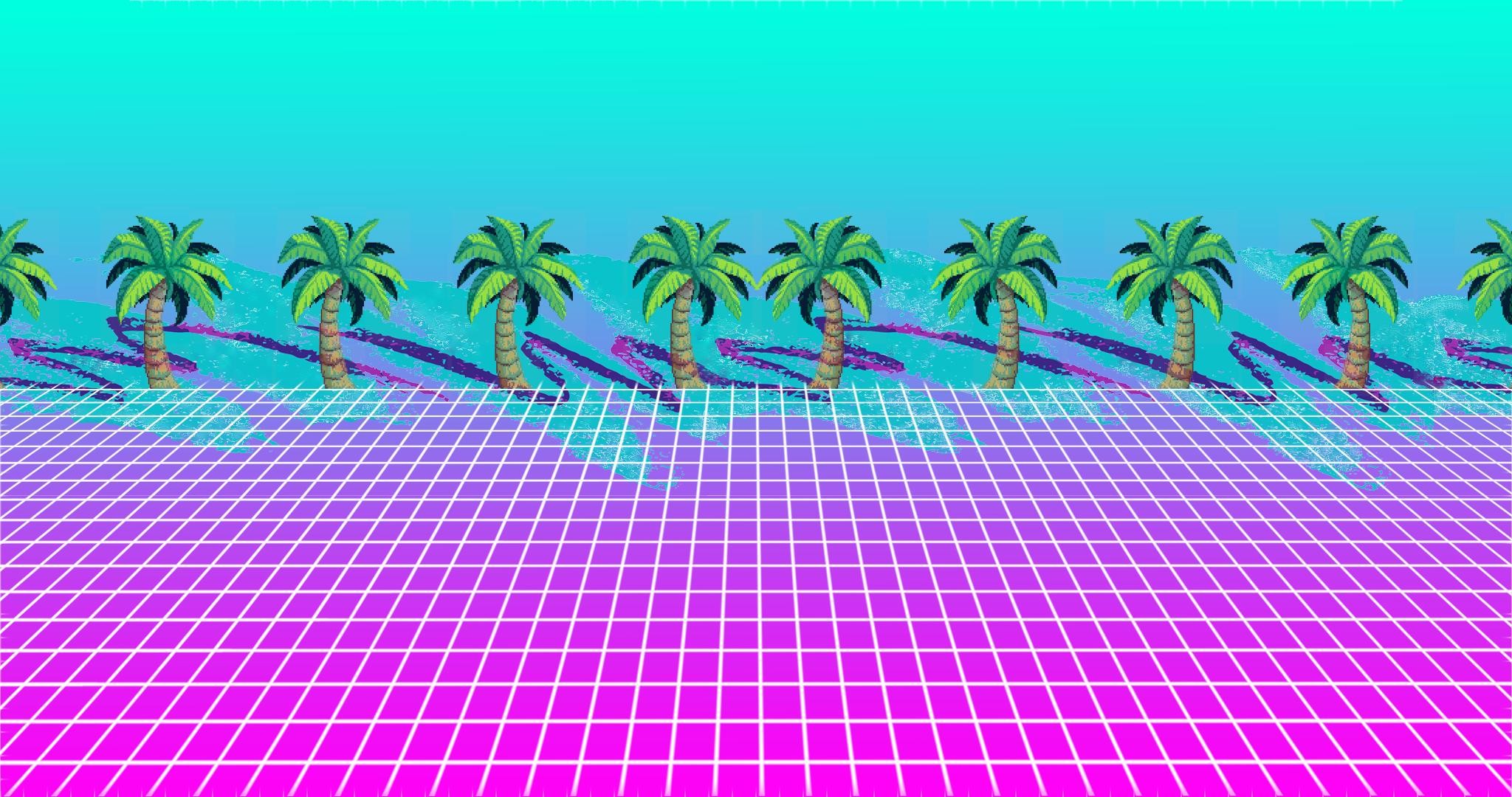 Vaporwave, Palme, Griglia, Magenta, Full HD, sfondo per PC