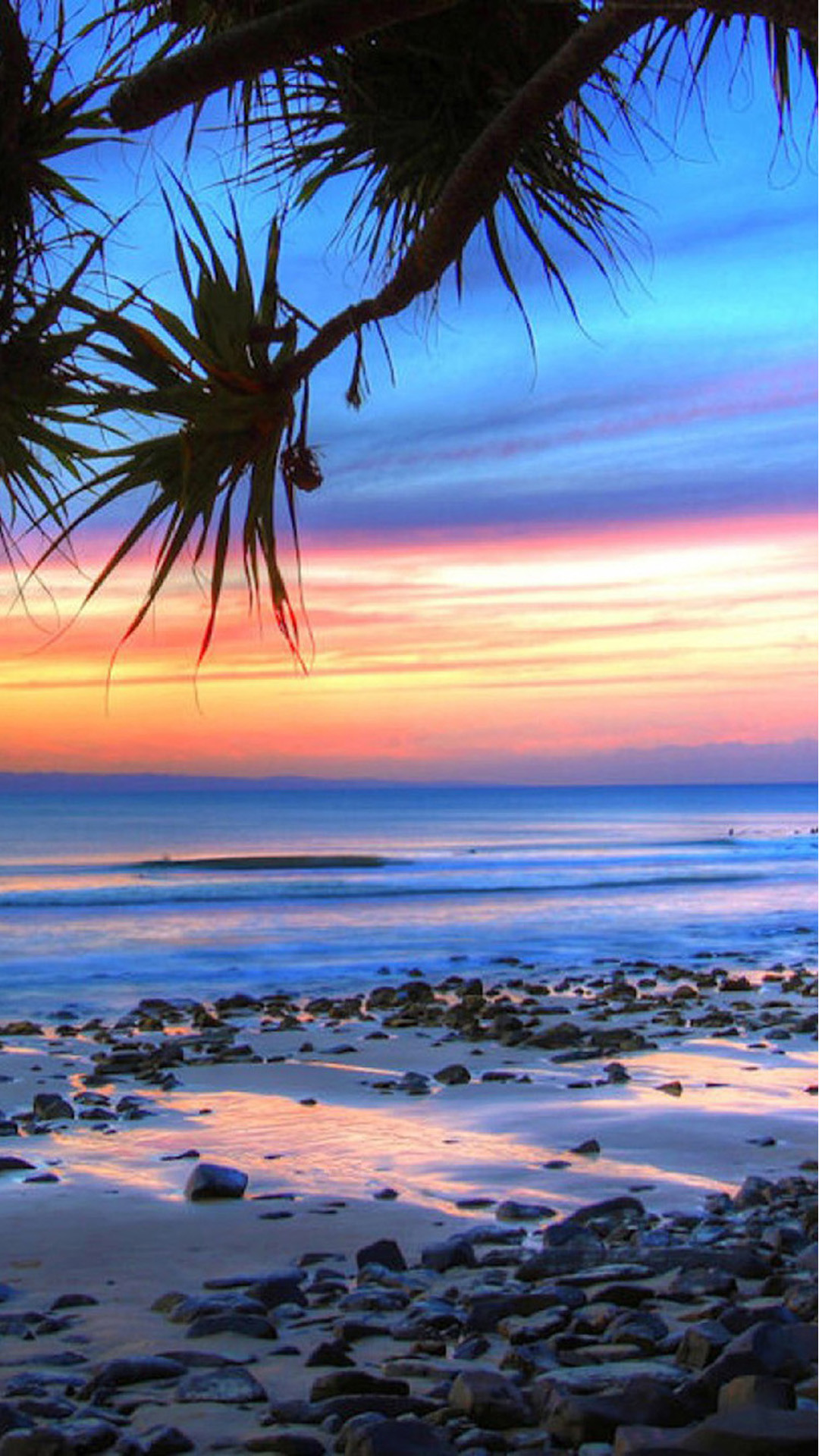 Palme, Ciottoli, Tramonto, Costa, Full HD, schermata di blocco del cellulare